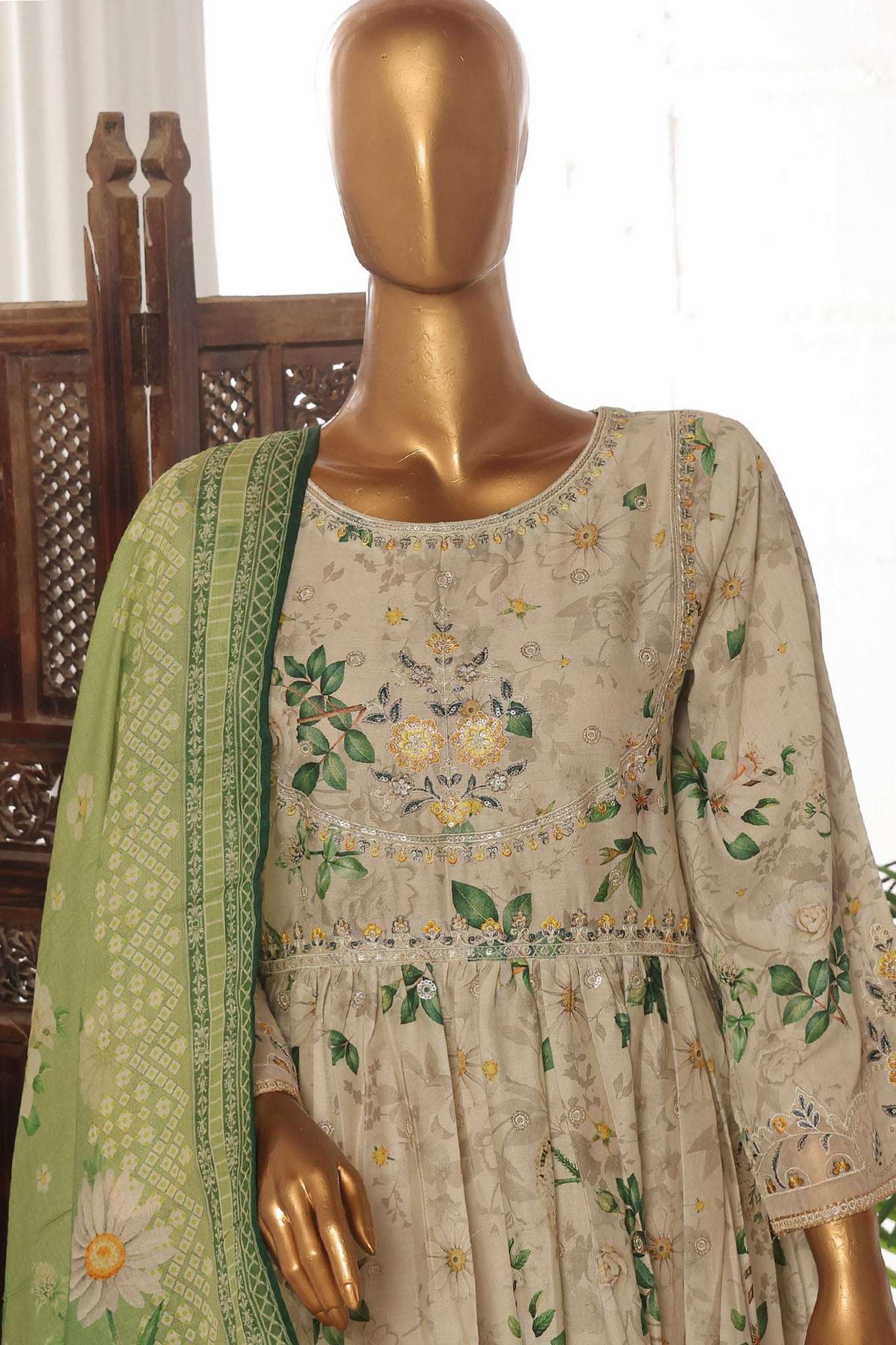 Bin Saeed Stitched 3 Piece Exclusive Lawn Frock Vol-01 Collection-SM-1479-Pista - Image 2
