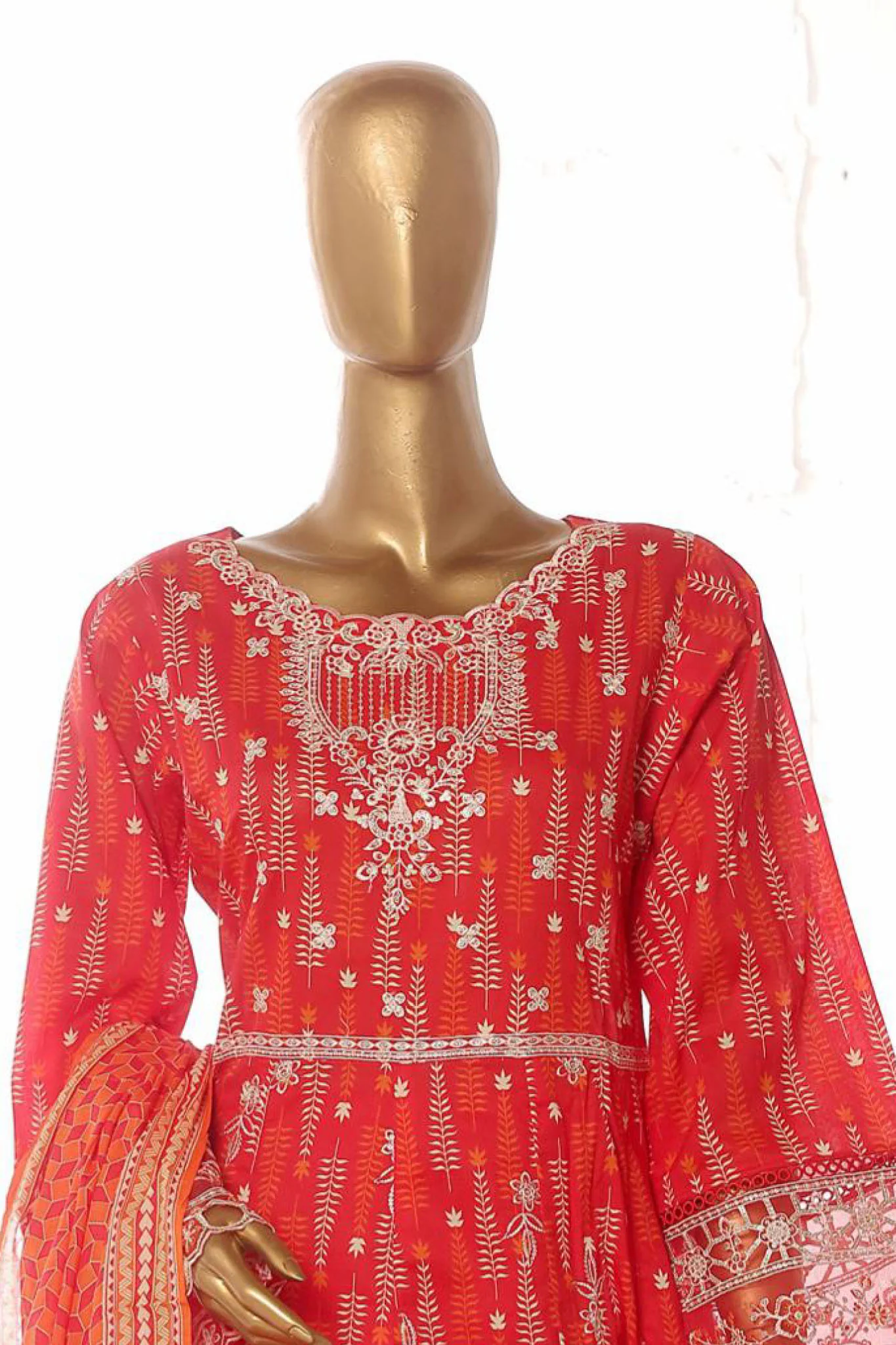 Bin Saeed Stitched 3 Piece Exclusive Lawn Frock Vol-01 Collection-SM-1484-Red - Image 2