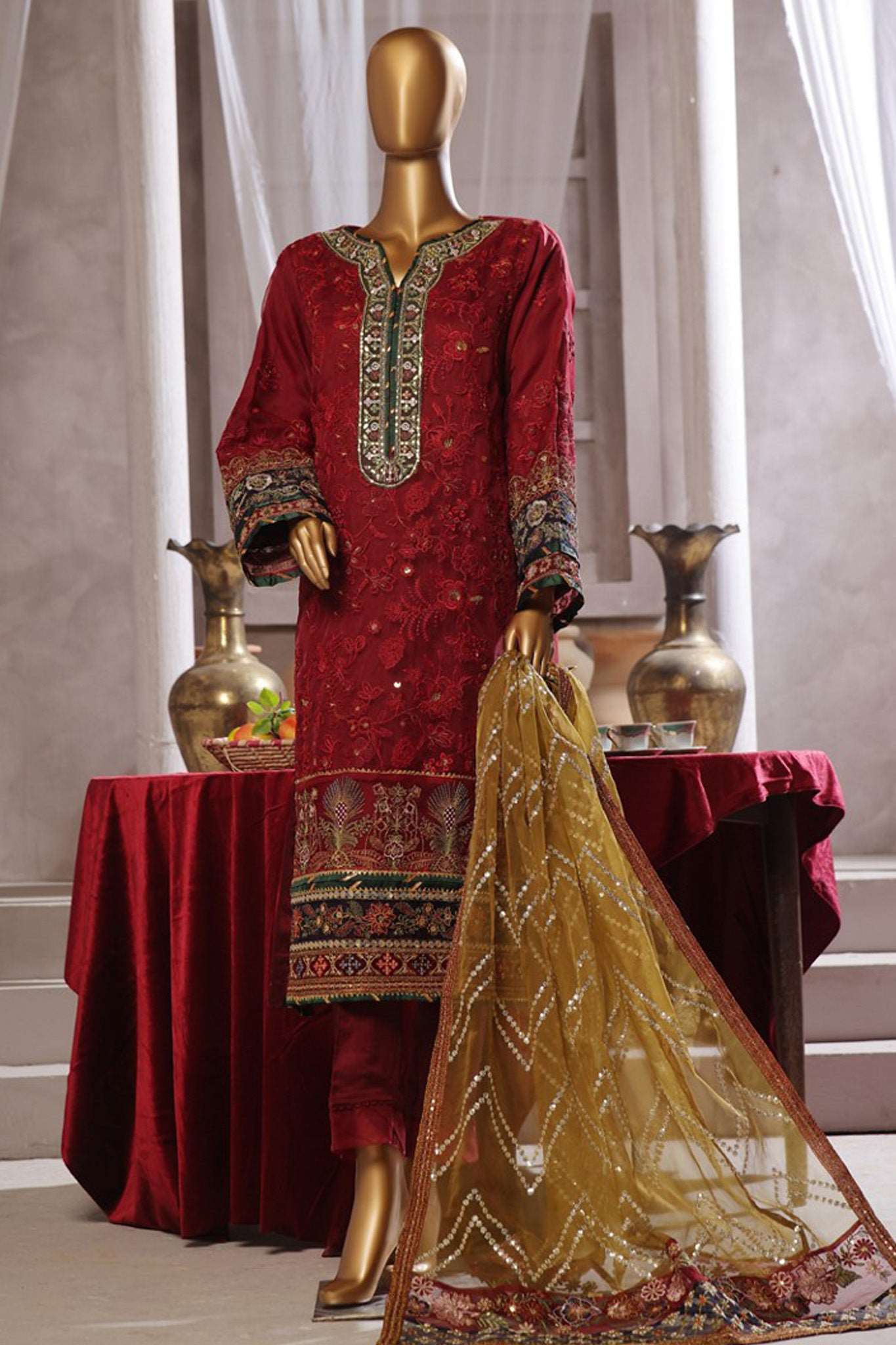 Bin Saeed Stitched 3 Piece Exclusive Luxury Formals Suit-RTS-1158-Maroon