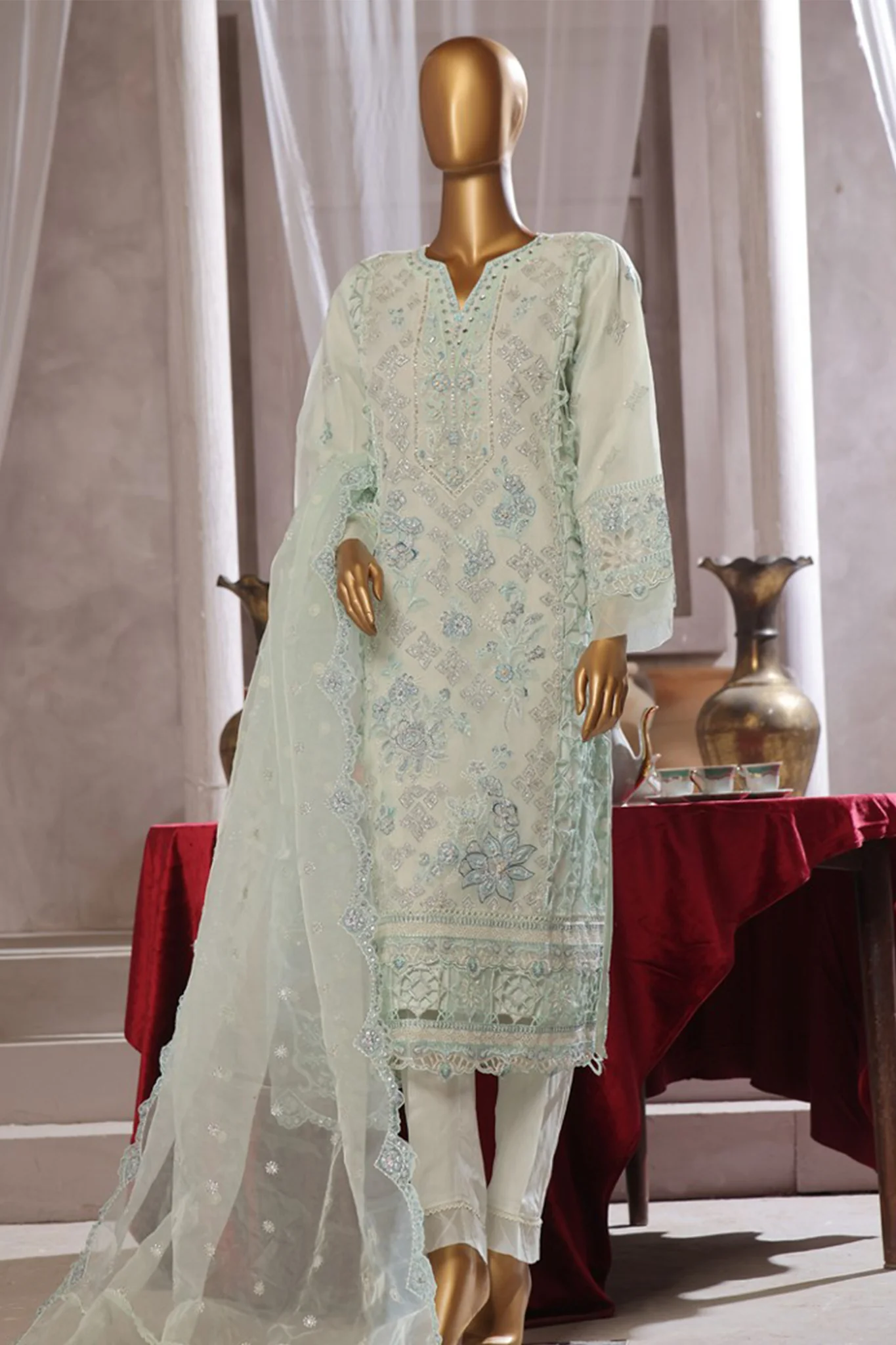 Bin Saeed Stitched 3 Piece Exclusive Luxury Formals Suit-RTS-1159-Sky Blue