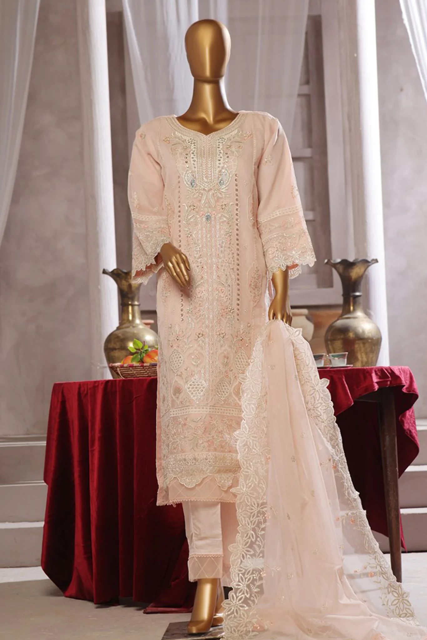 Bin Saeed Stitched 3 Piece Exclusive Luxury Formals Suit-RTS-1161-Peach