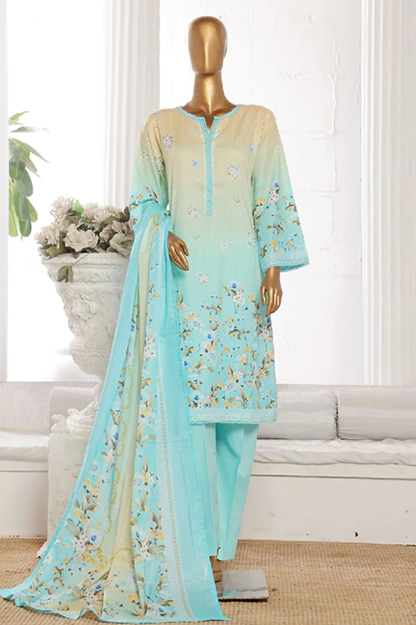 Bin Saeed Stitched 3 Piece Exclusive Printed Cotton Suit-WC-1305-Sky Blue