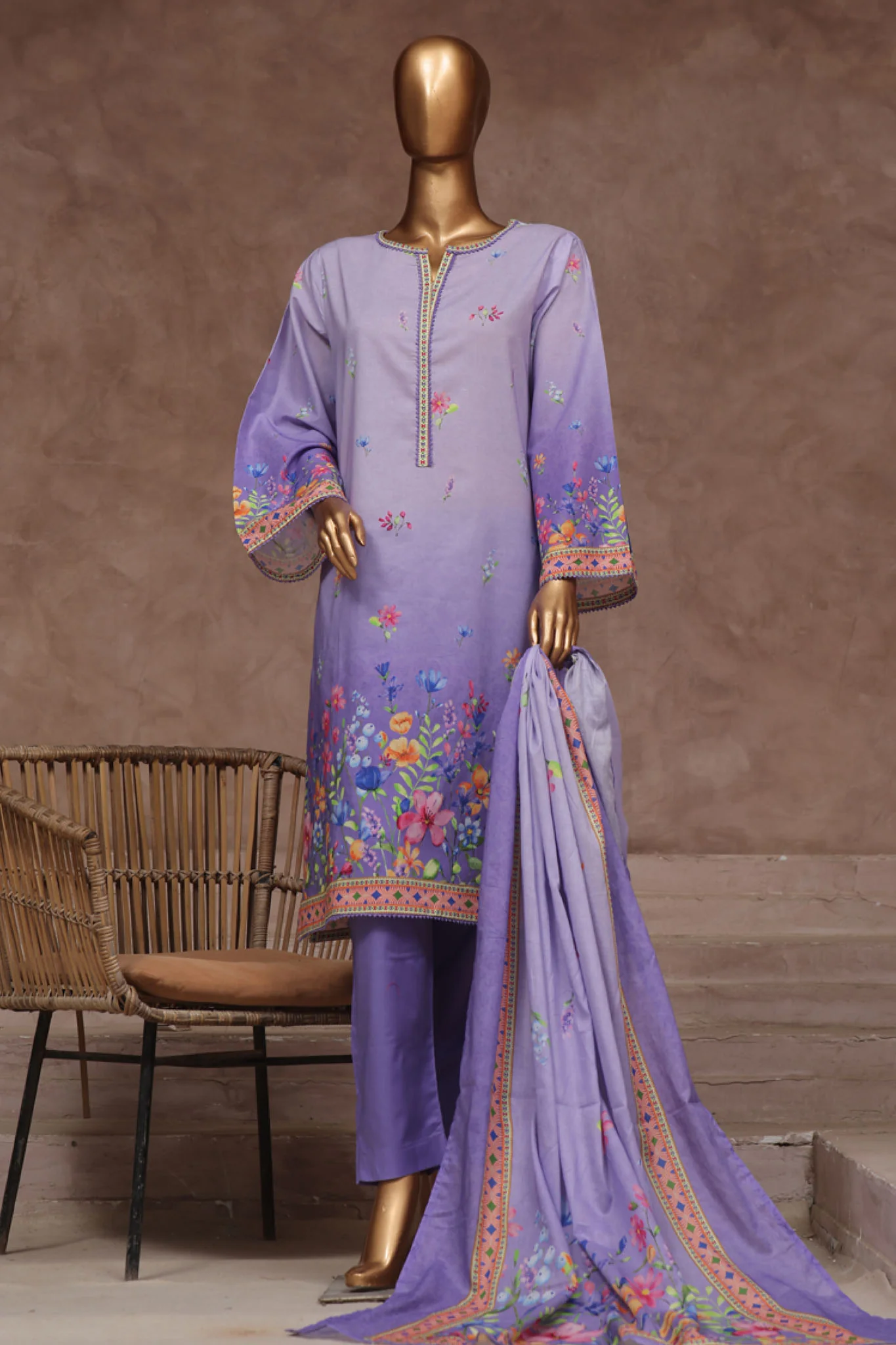 Bin Saeed Stitched 3 Piece Exclusive Printed Cotton Vol-02 Suit-WC-1322-Purple