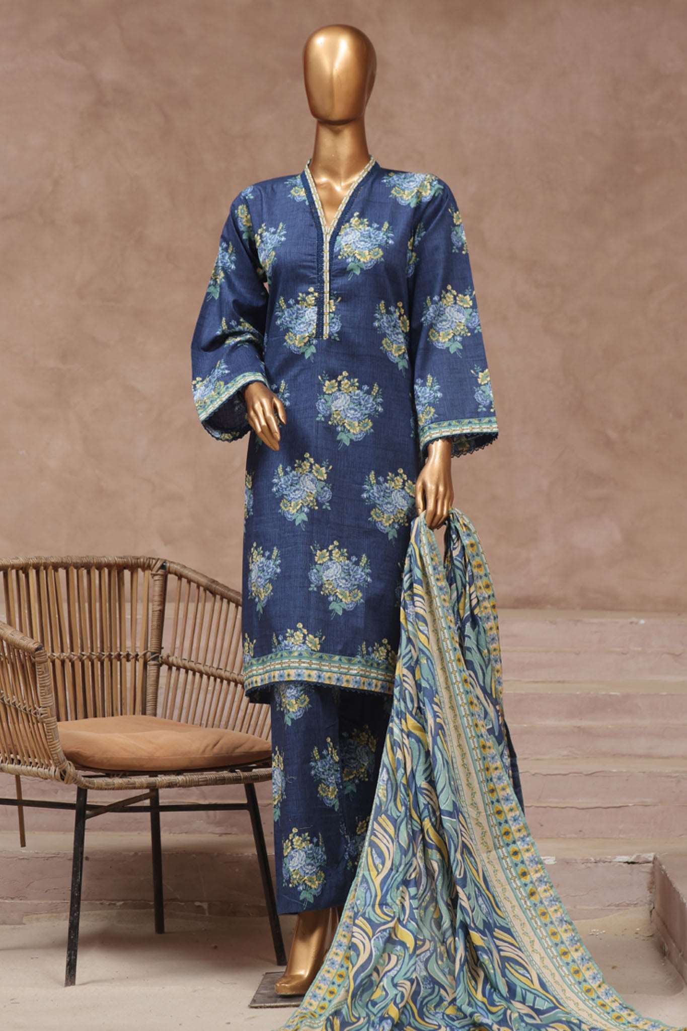 Bin Saeed Stitched 3 Piece Exclusive Printed Cotton Vol-02 Suit-WC-1327-Blue