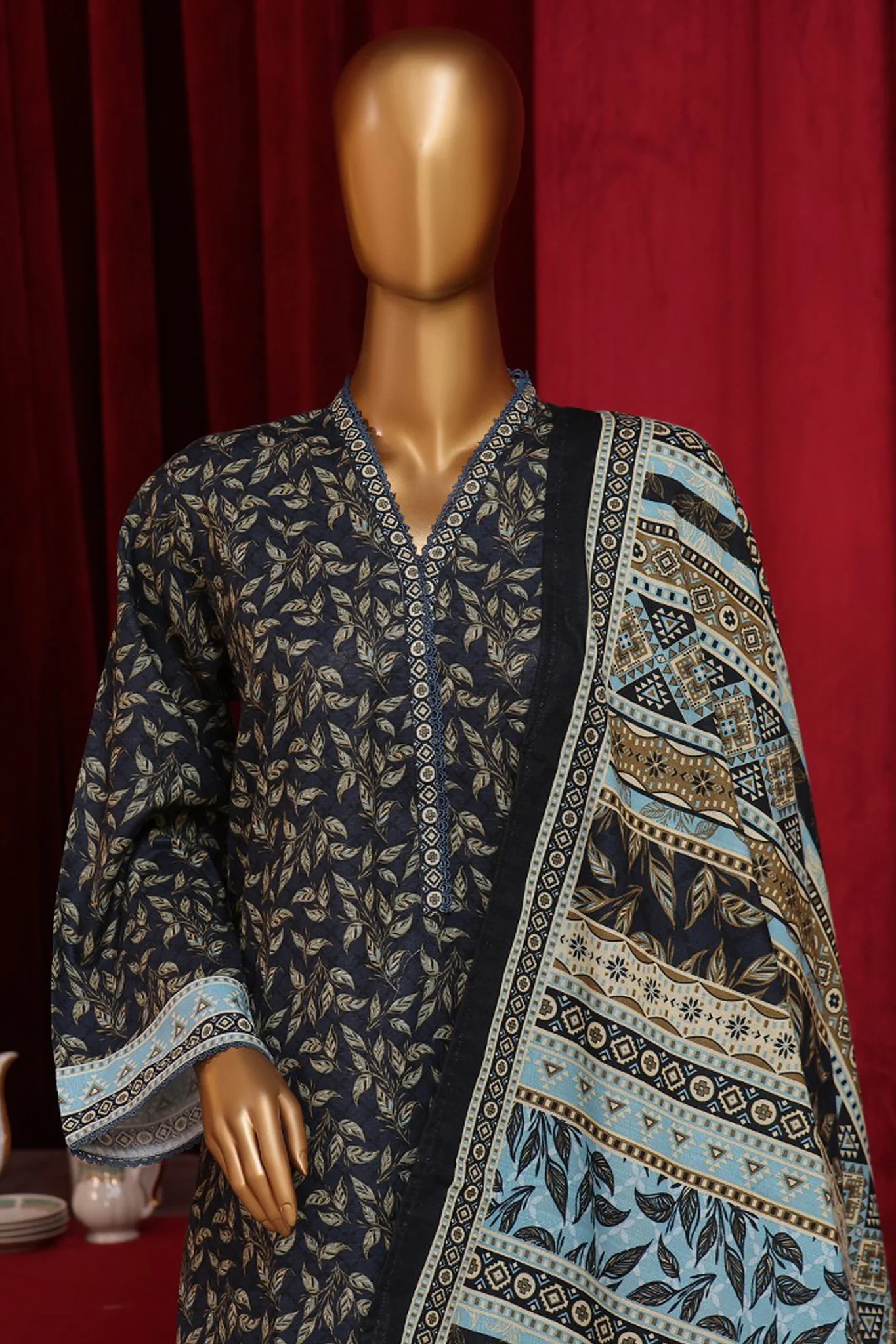 Bin Saeed Stitched 3 Piece Exclusive Printed Khaddar Vol-07 Suit-WK-1147-Navy Blue - Image 2