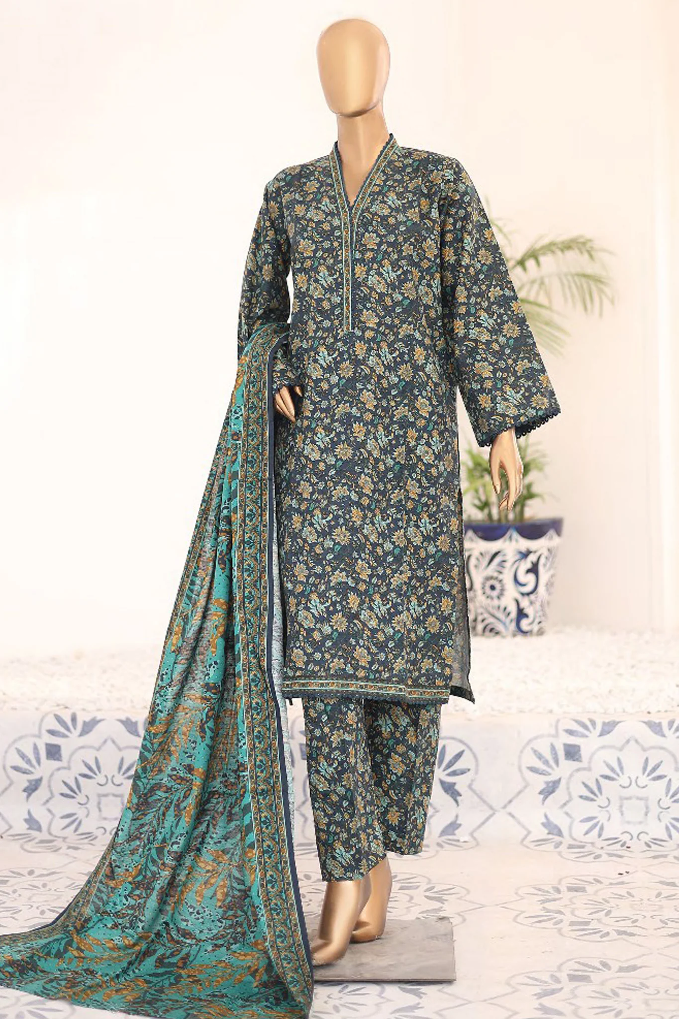 Bin Saeed Stitched 3 Piece Exclusive Printed Khaddar Vol-09 Suit-WK-1217-Teal