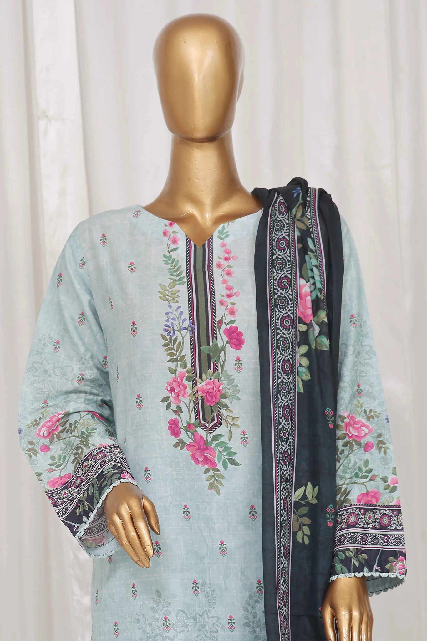Bin Saeed Stitched 3 Piece Exclusive Printed Lawn Vol-02 Collection-SM-1330-Ferozi - Image 2