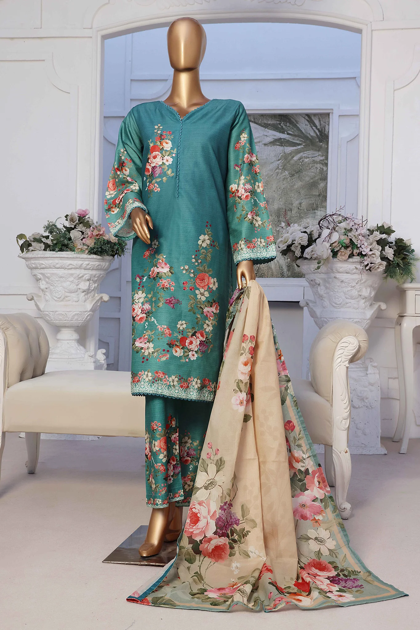 Bin Saeed Stitched 3 Piece Exclusive Printed Lawn Vol-02 Collection-SM-1351-Green