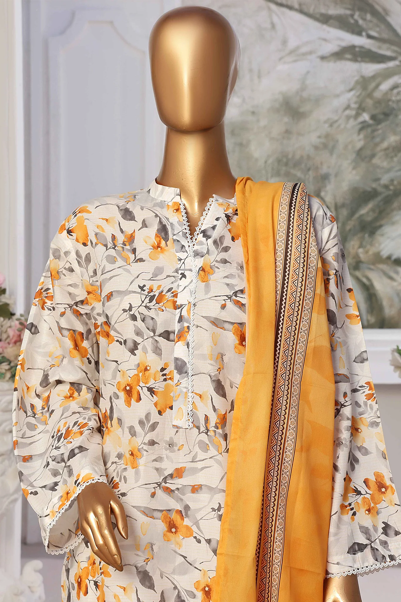 Bin Saeed Stitched 3 Piece Exclusive Printed Lawn Vol-02 Collection-SM-1368-Yellow - Image 2