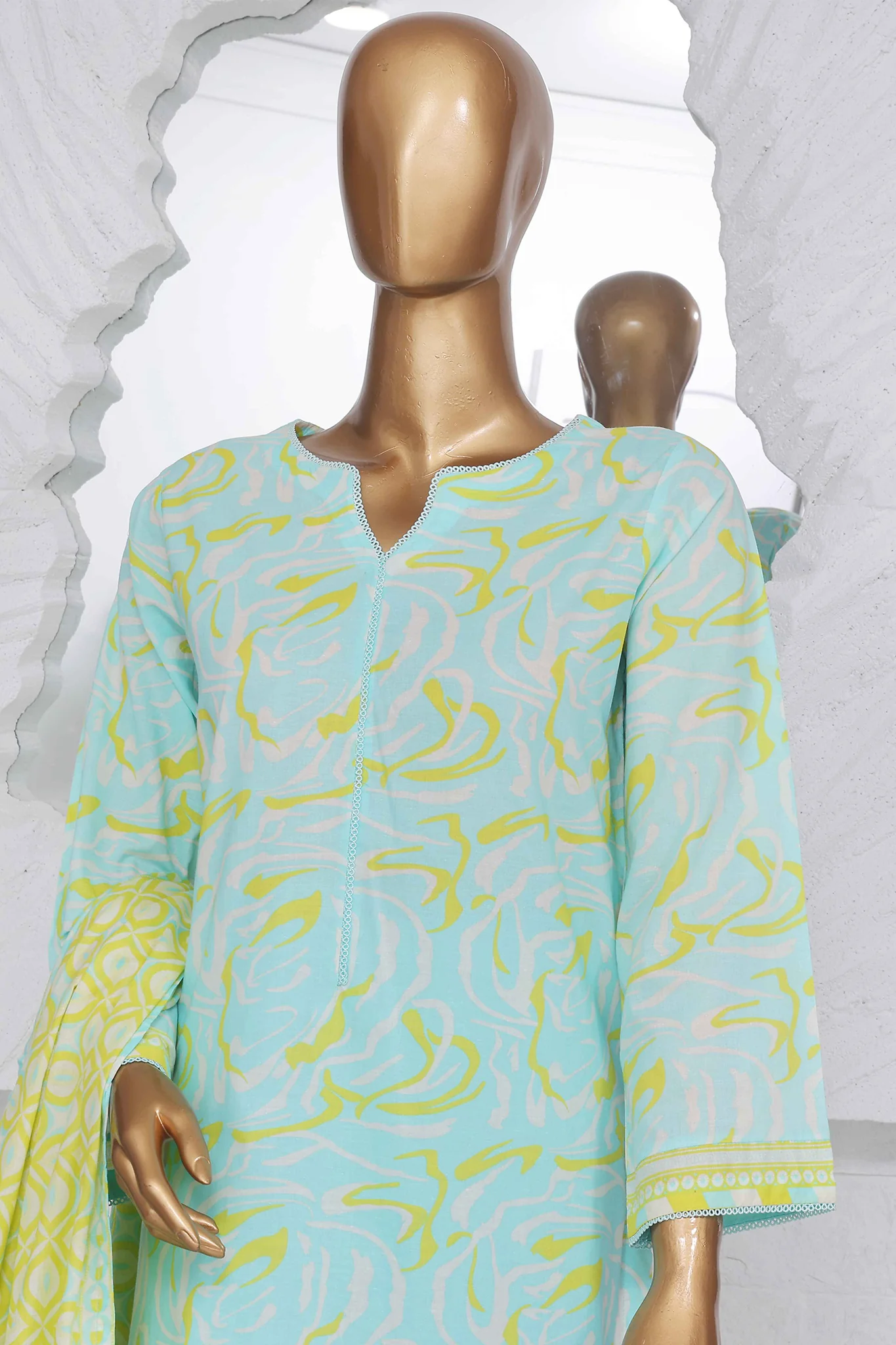 Bin Saeed Stitched 3 Piece Exclusive Printed Lawn Vol-02 Collection-SM-1385-Ferozi - Image 2