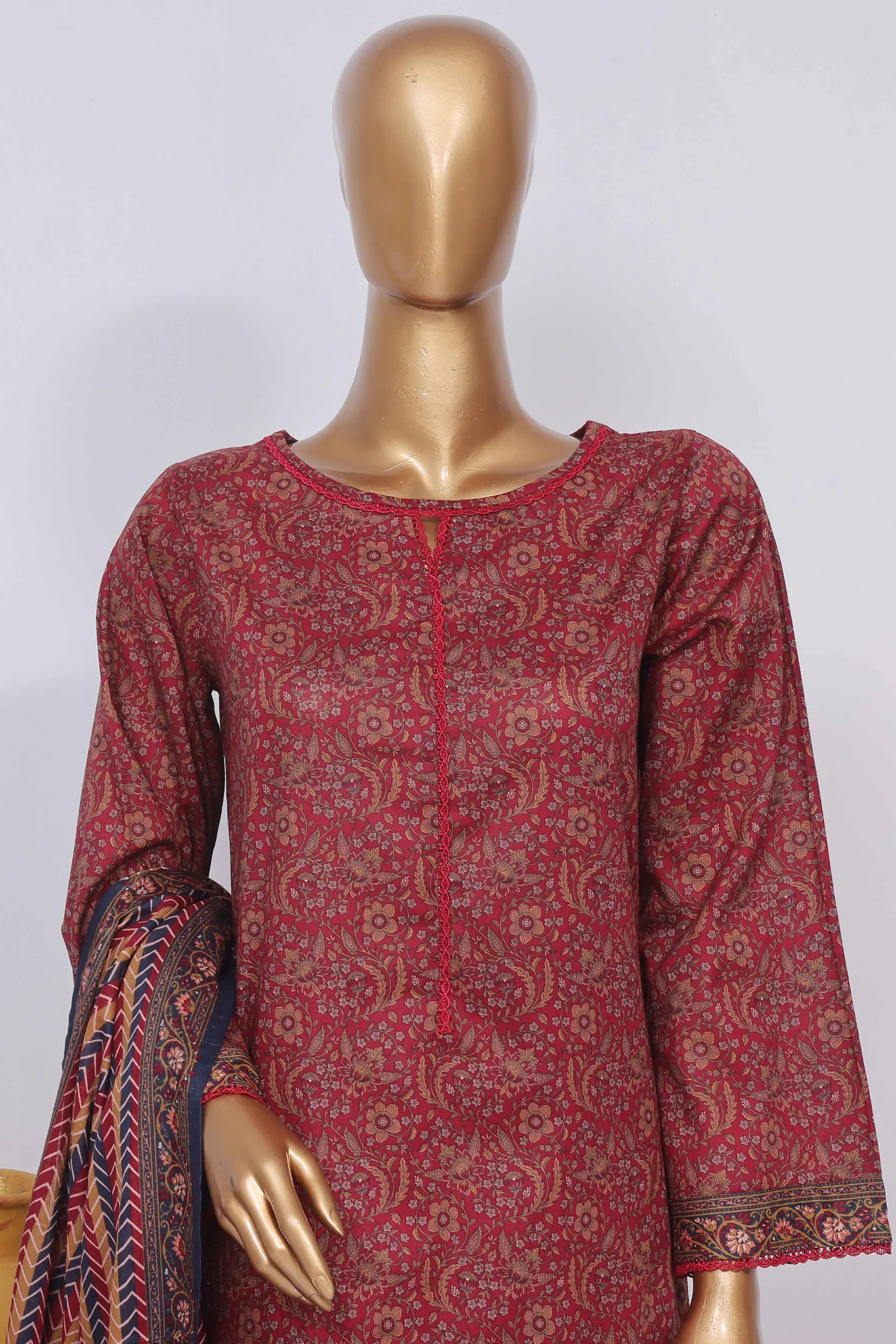 Bin Saeed Stitched 3 Piece Exclusive Printed Lawn Vol-02 Collection-SM-1393-Maroon - Image 2