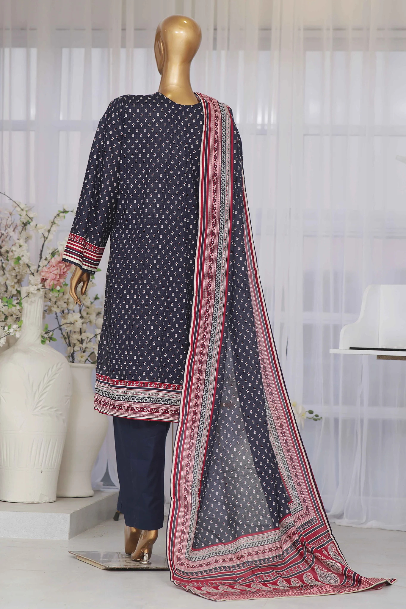 Bin Saeed Stitched 3 Piece Exclusive Printed Lawn Vol-02 Collection-SM-1415-Navy Blue - Image 3