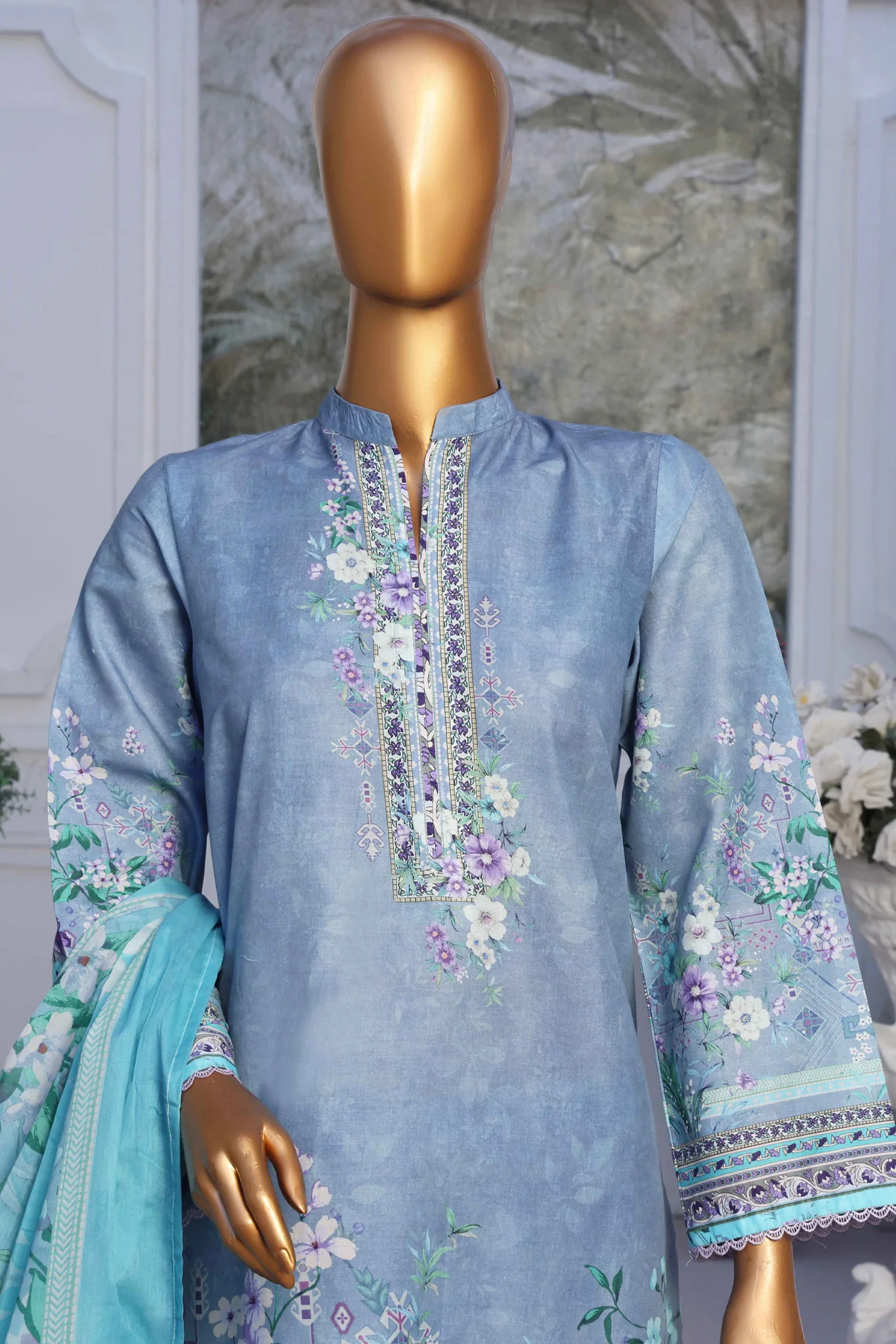 Bin Saeed Stitched 3 Piece Exclusive Printed Lawn Vol-05 Collection-SM-1521-Sky Blue - Image 2