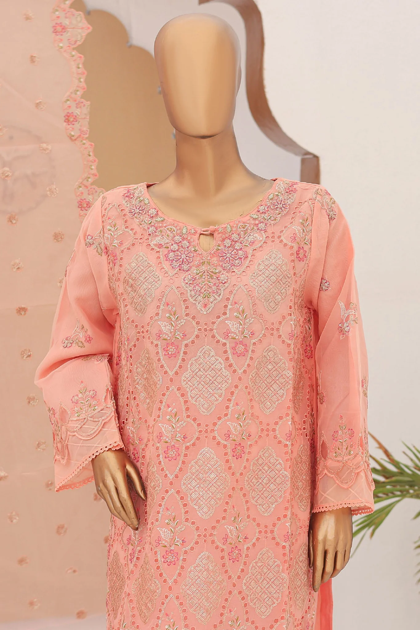 Bin Saeed Stitched 3 Piece Fancy Emb Formals Suit-RTS-923-Peach - Image 2