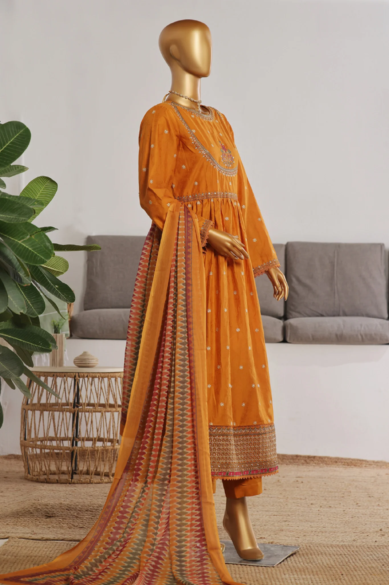 Bin Saeed Stitched 3 Piece Festive Emb Jacquard Frocks Suit-BNS-1034-Mustard - Image 3