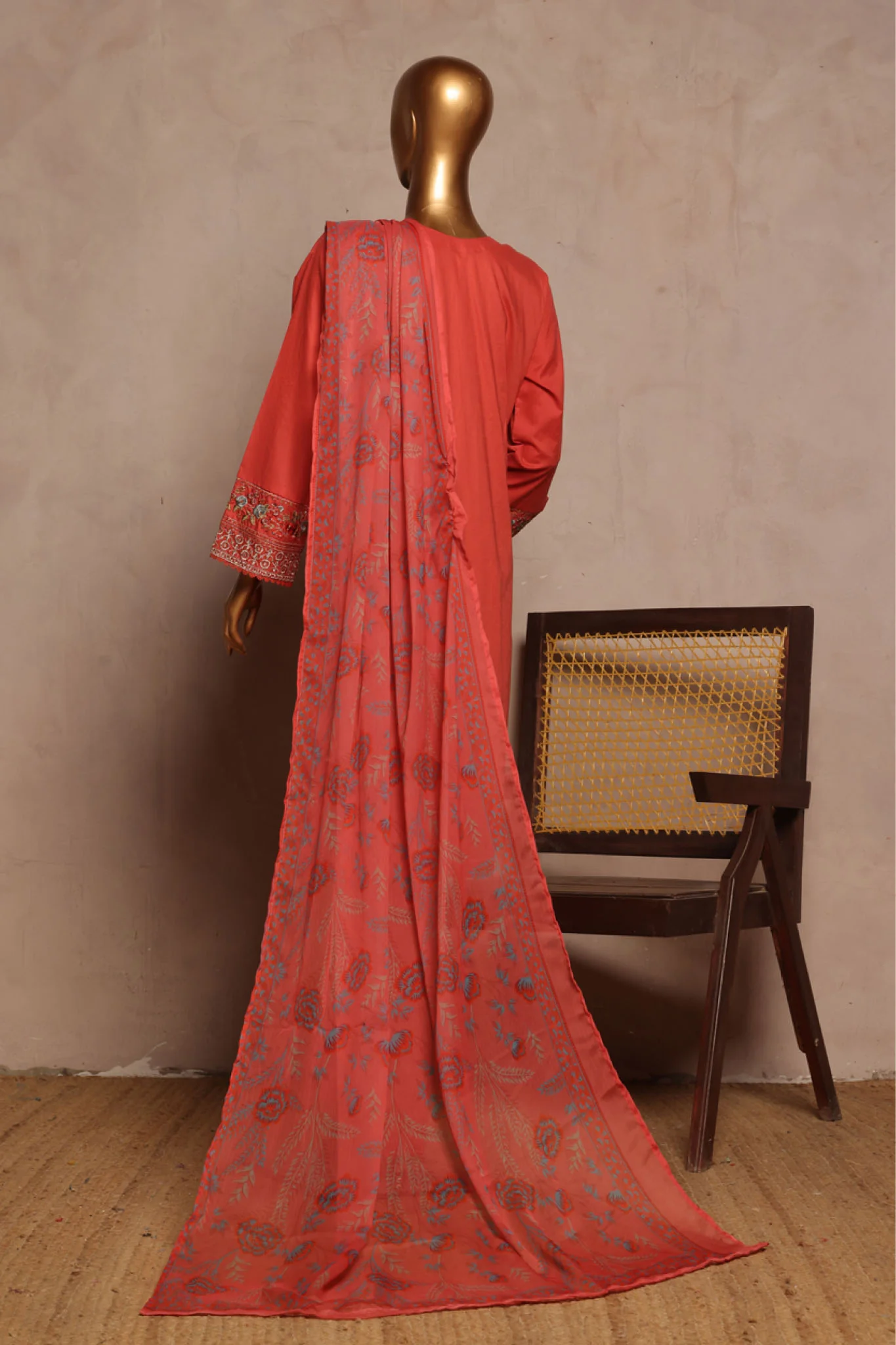 Bin Saeed Stitched 3 Piece Luxe Plain Cotton With Chiffon Dupatta Suit-SMPC-1951-Pink - Image 3