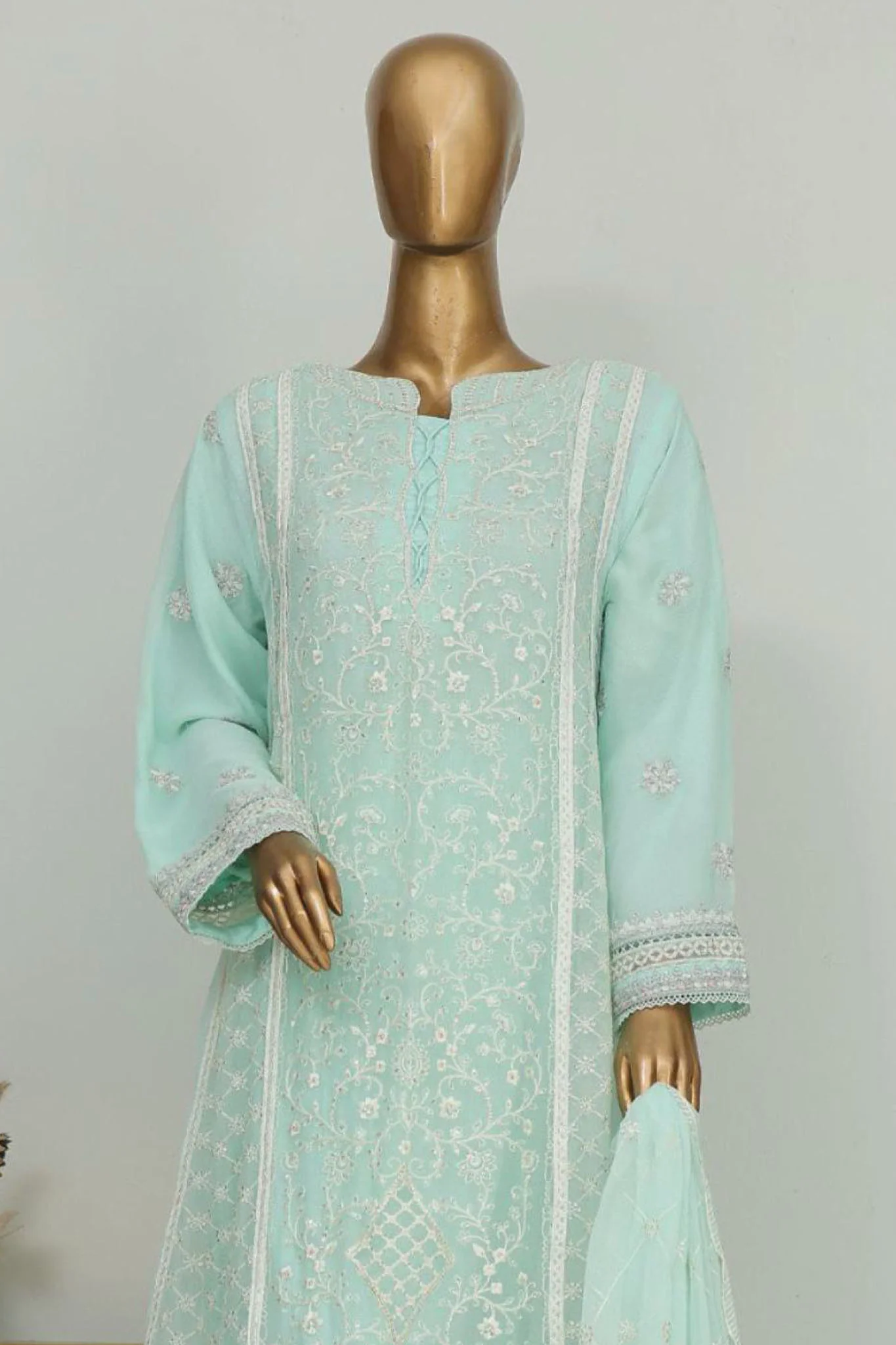 Bin Saeed Stitched 3 Piece Luxury Emb Chiffon Frock Vol-03 Collection-OMSC-1674-Ferozi - Image 2