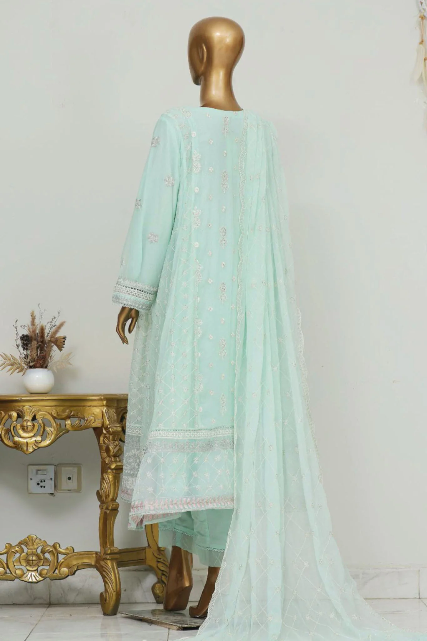 Bin Saeed Stitched 3 Piece Luxury Emb Chiffon Frock Vol-03 Collection-OMSC-1674-Ferozi - Image 3