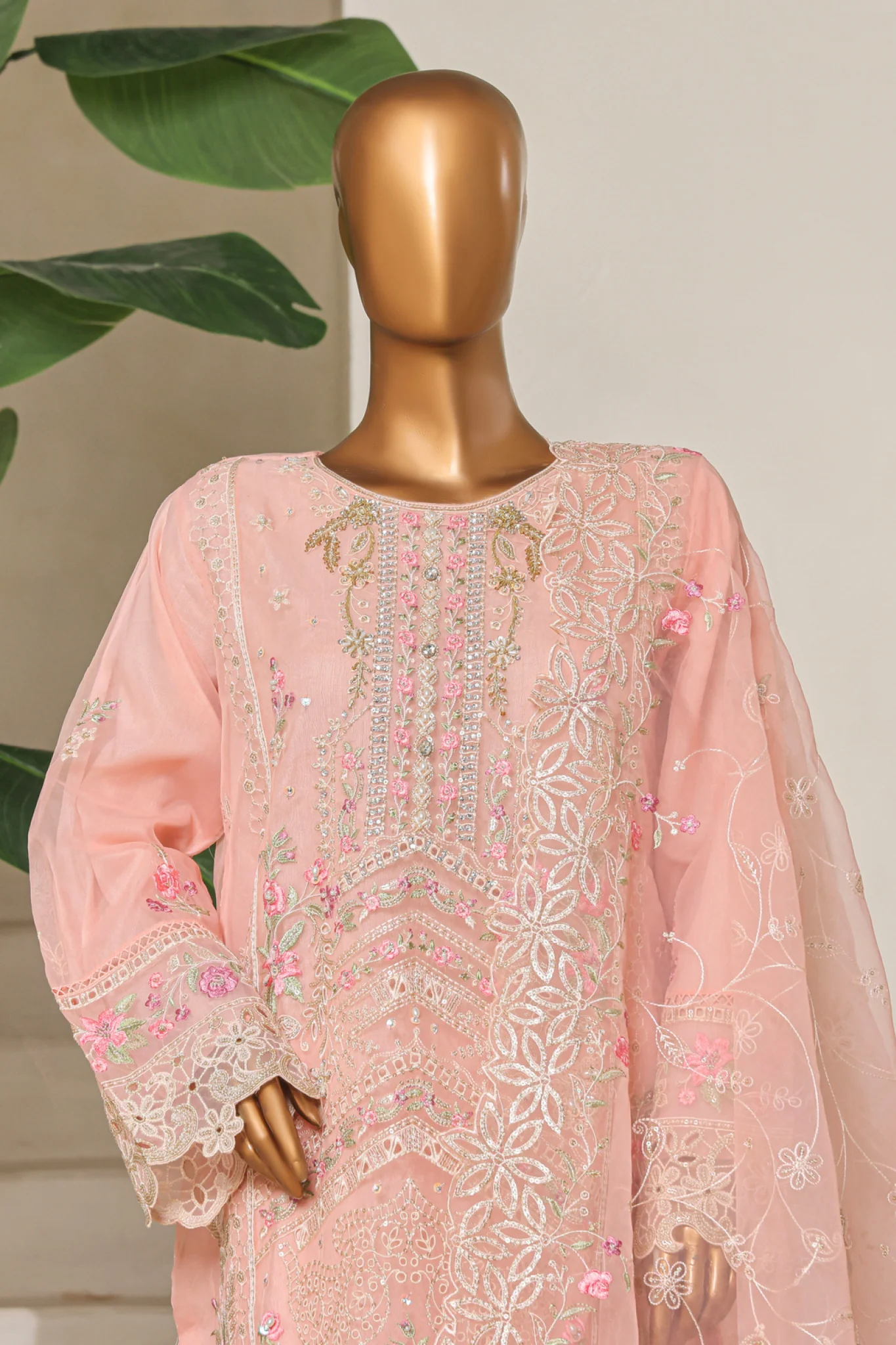 Bin Saeed Stitched 3 Piece Luxury Emb Chiffon & Organza Suit-STSC-2194-Pink - Image 3