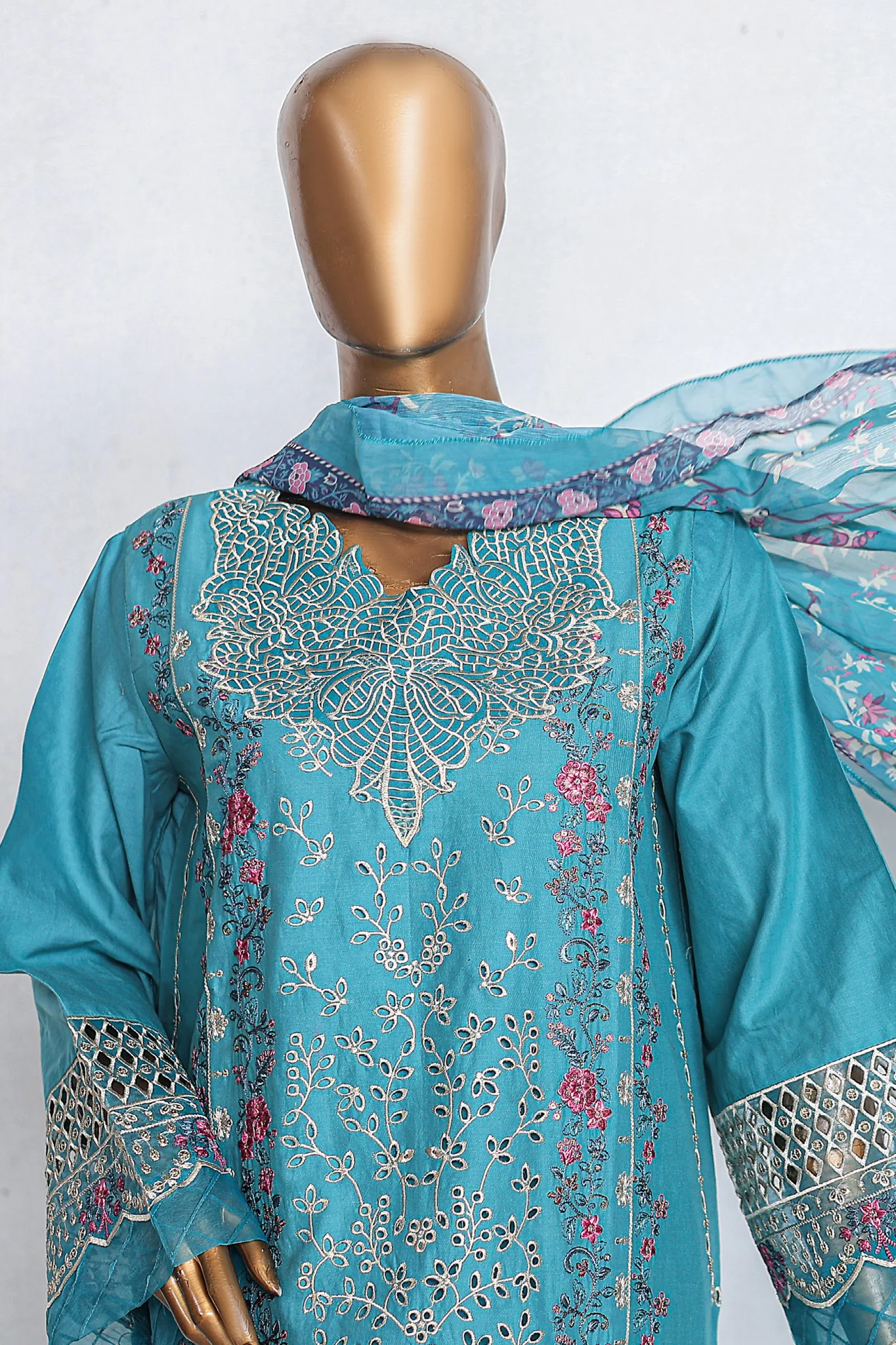 Bin Saeed Stitched 3 Piece Luxury Emb Cotton Vol-03 Suit-LF-1063-Sea Green - Image 2