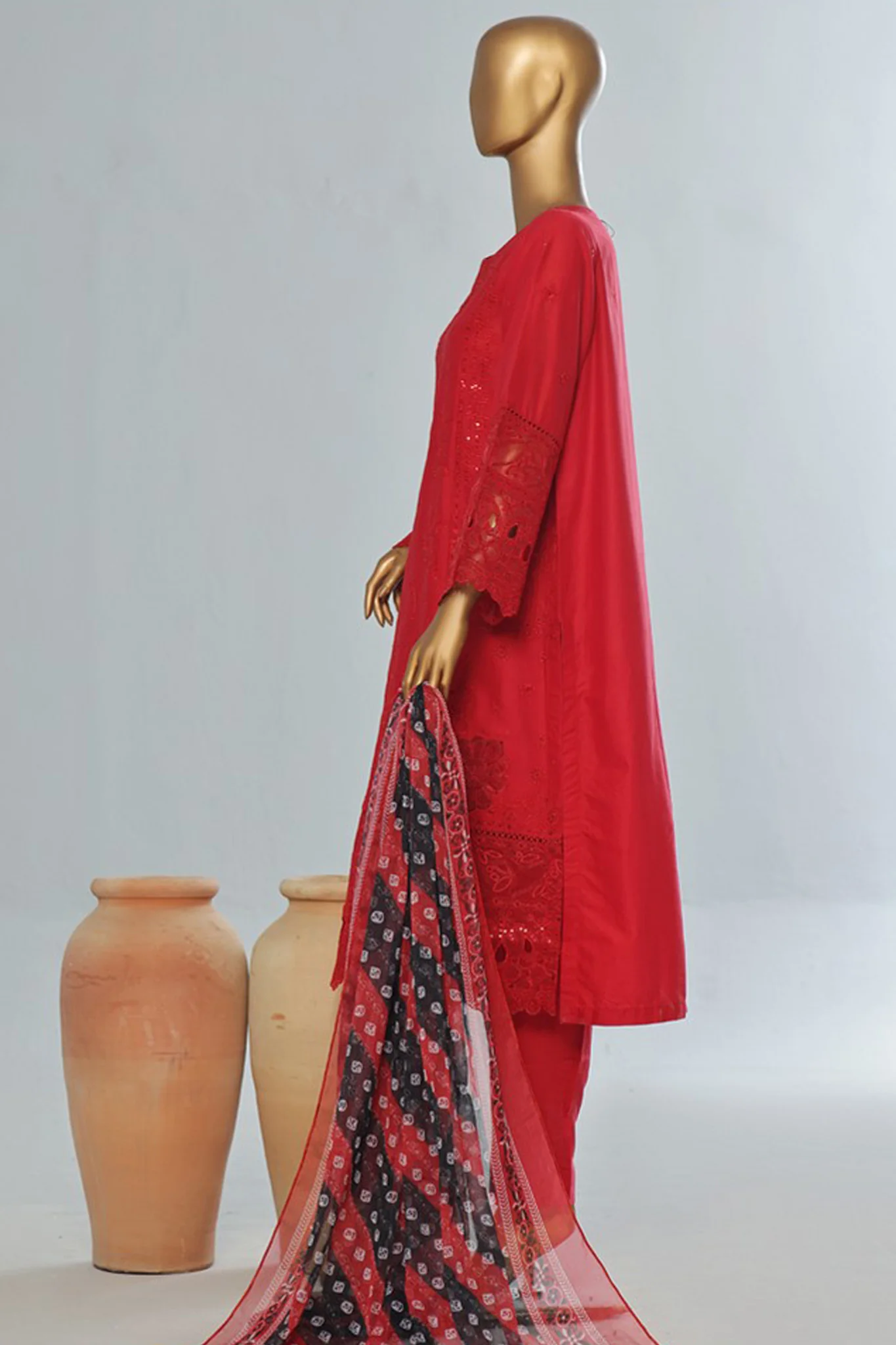 Bin Saeed Stitched 3 Piece Luxury Emb Cotton Vol-04 Suit-LF-1150-Red - Image 3