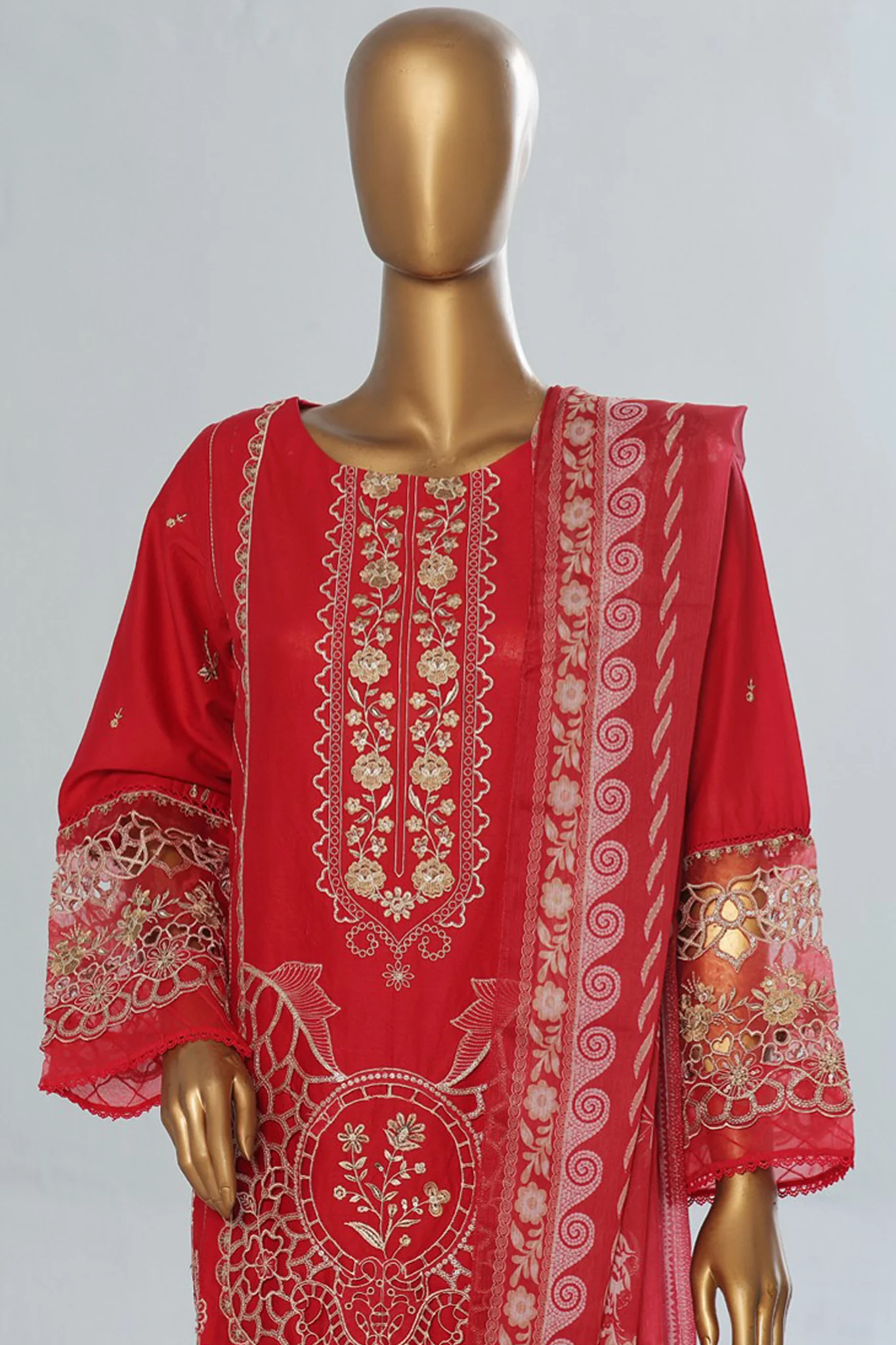 Bin Saeed Stitched 3 Piece Luxury Emb Cotton Vol-04 Suit-LF-1154-Red - Image 2