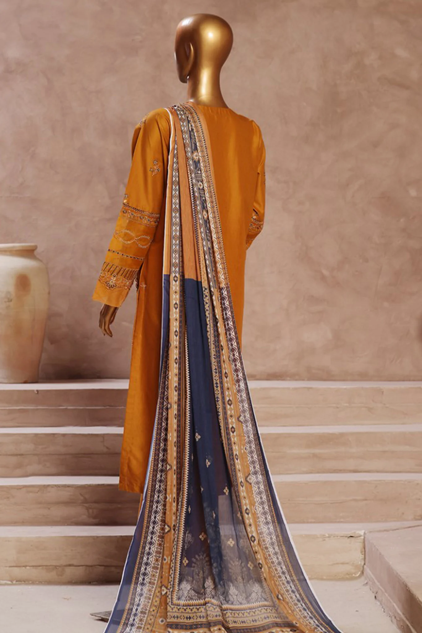 Bin Saeed Stitched 3 Piece Luxury Emb Cotton Vol-05 Suit-LF-1194-Mustard - Image 3