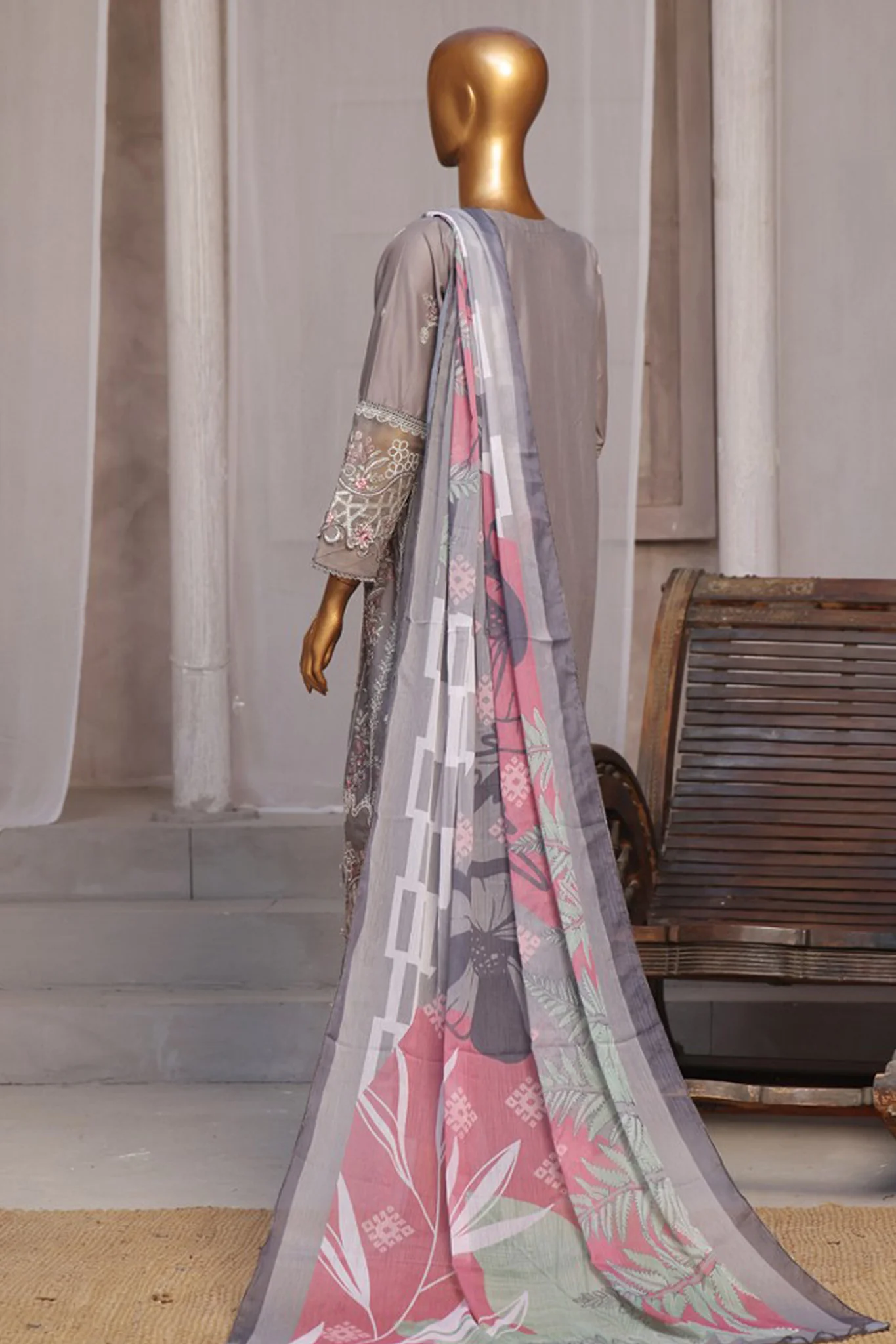Bin Saeed Stitched 3 Piece Luxury Emb Cotton Vol-05 Suit-LF-1198-Grey - Image 3