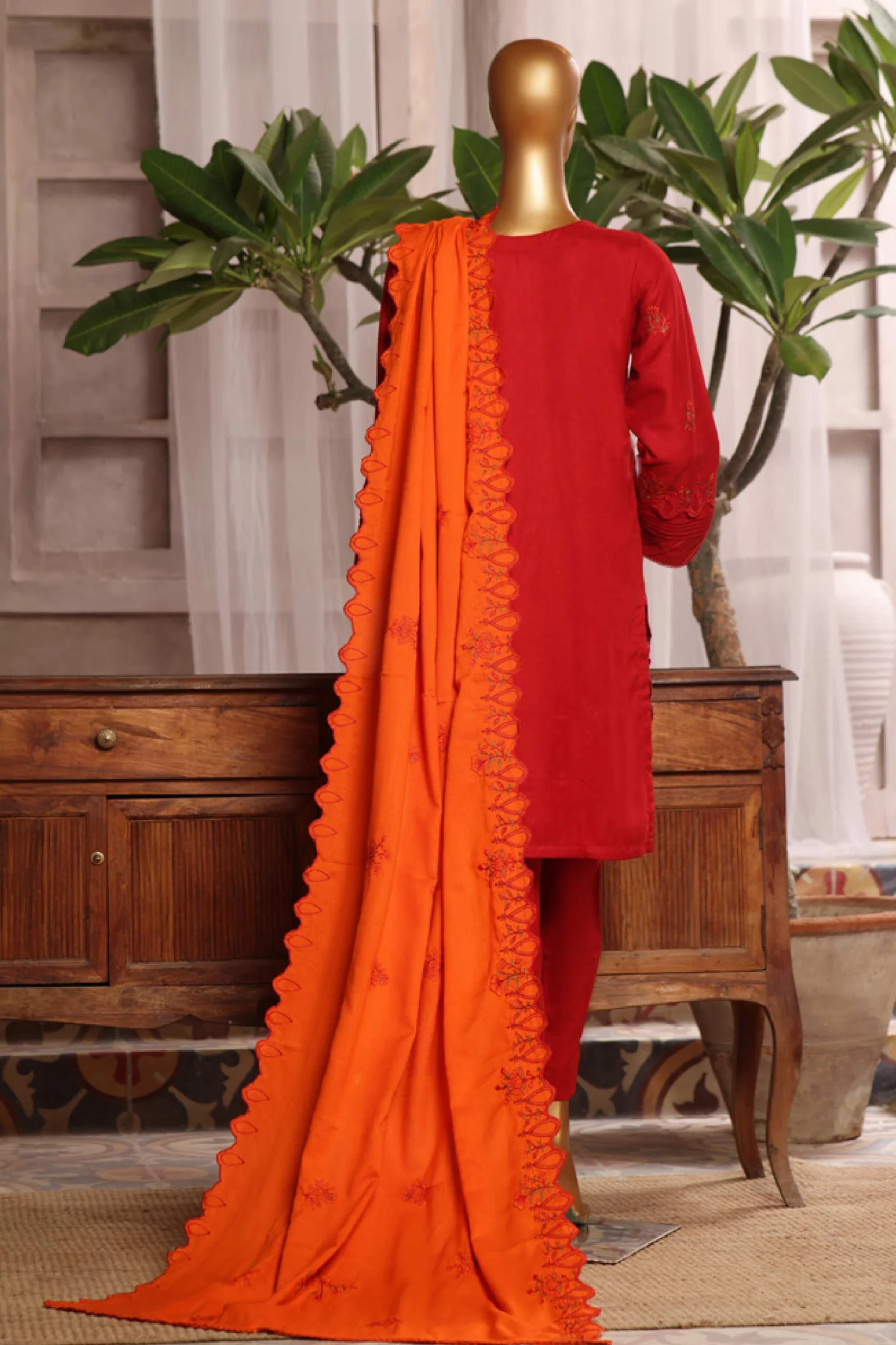 Bin Saeed Stitched 3 Piece Luxury Emb Karandi Vol-02 Suit-SFB-1042-Red - Image 2
