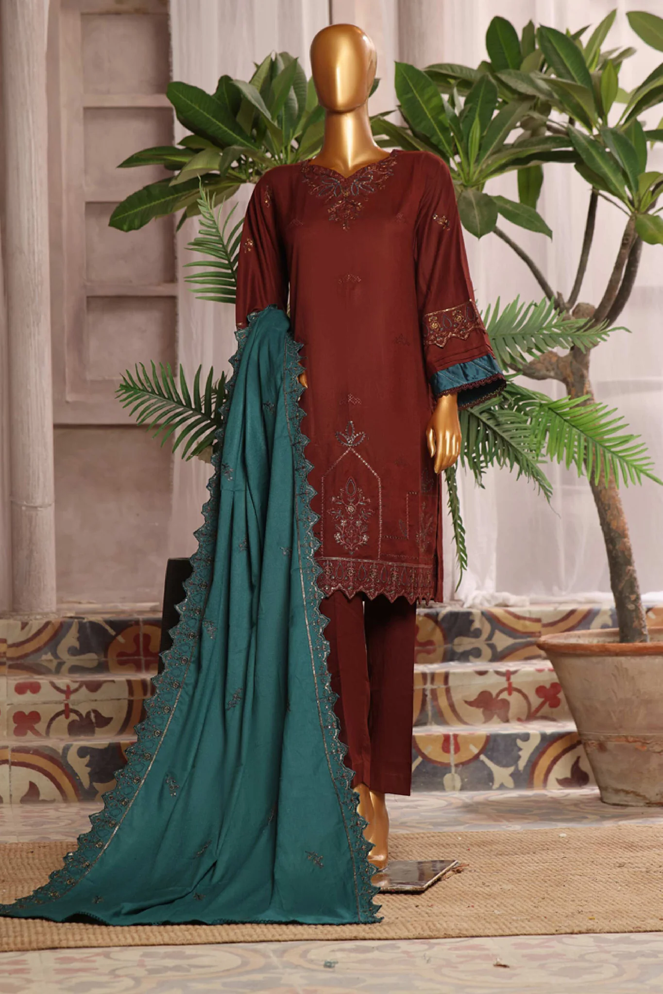 Bin Saeed Stitched 3 Piece Luxury Emb Karandi Vol-02 Suit-SFB-1045-Brown