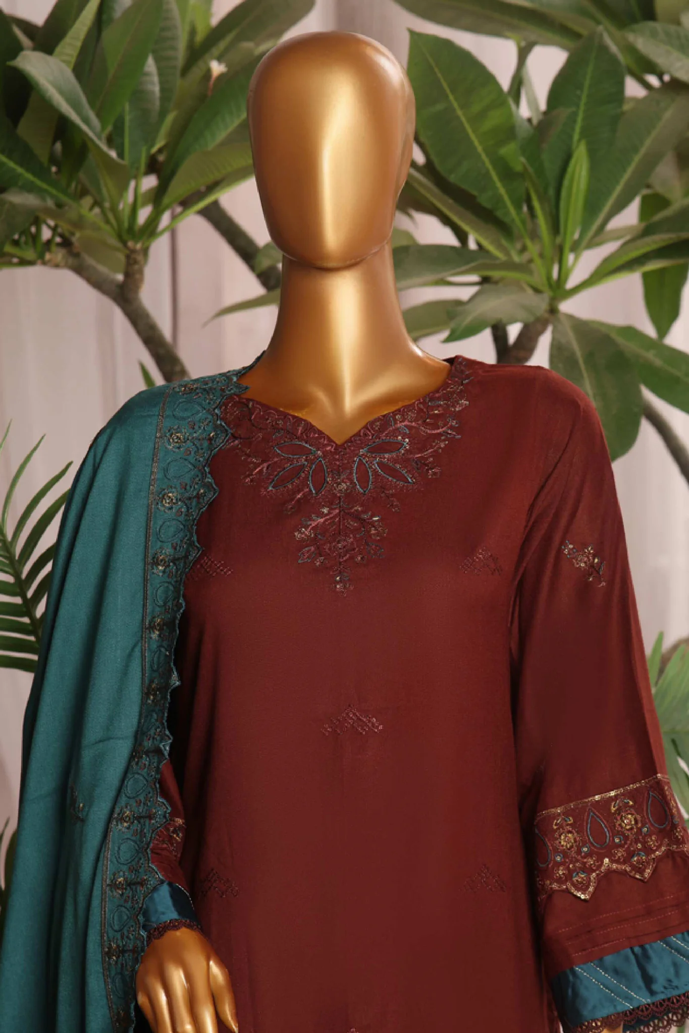 Bin Saeed Stitched 3 Piece Luxury Emb Karandi Vol-02 Suit-SFB-1045-Brown - Image 2