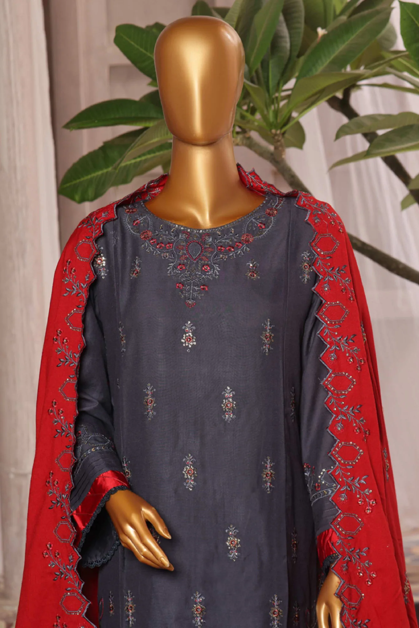 Bin Saeed Stitched 3 Piece Luxury Emb Karandi Vol-02 Suit-SMB-1050-Grey - Image 2
