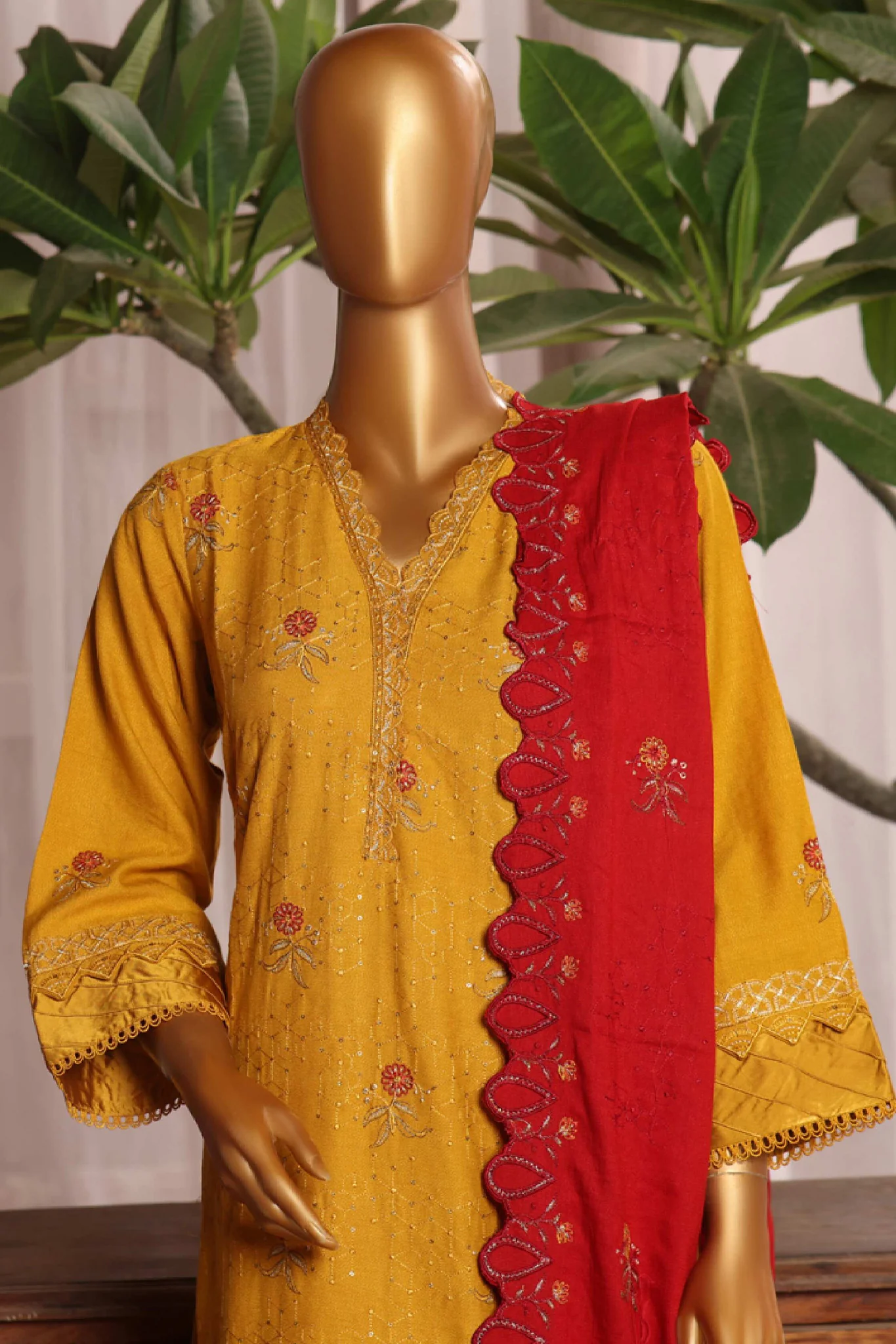 Bin Saeed Stitched 3 Piece Luxury Emb Karandi Vol-02 Suit-SMB-1053-Mustard - Image 2