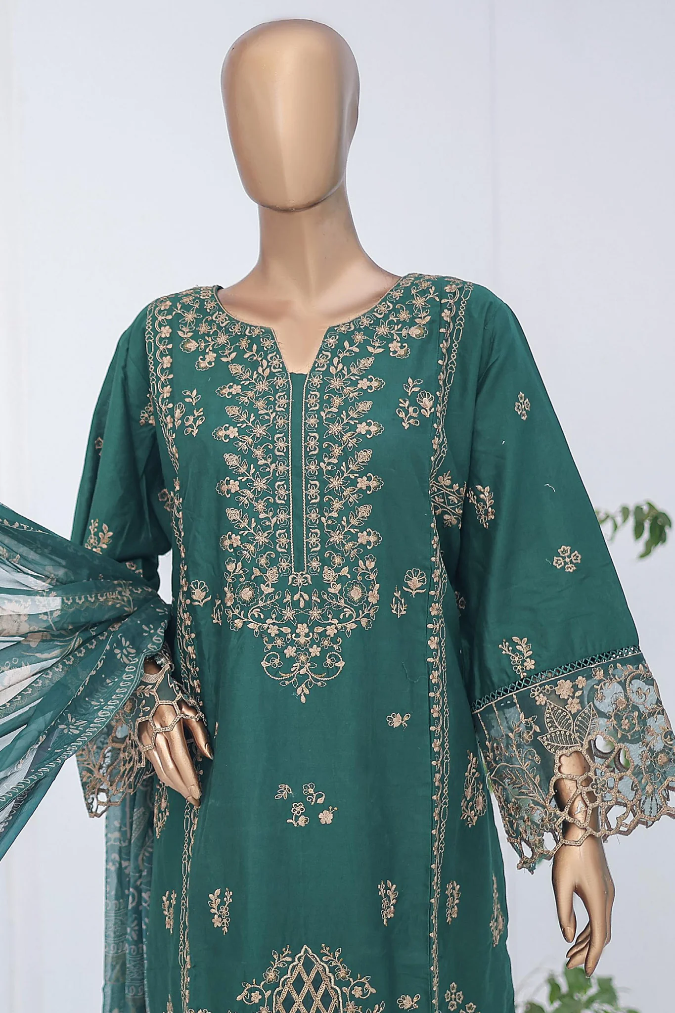 Bin Saeed Stitched 3 Piece Luxury Emb Cotton Suit-LF-955-Dark Green - Image 2