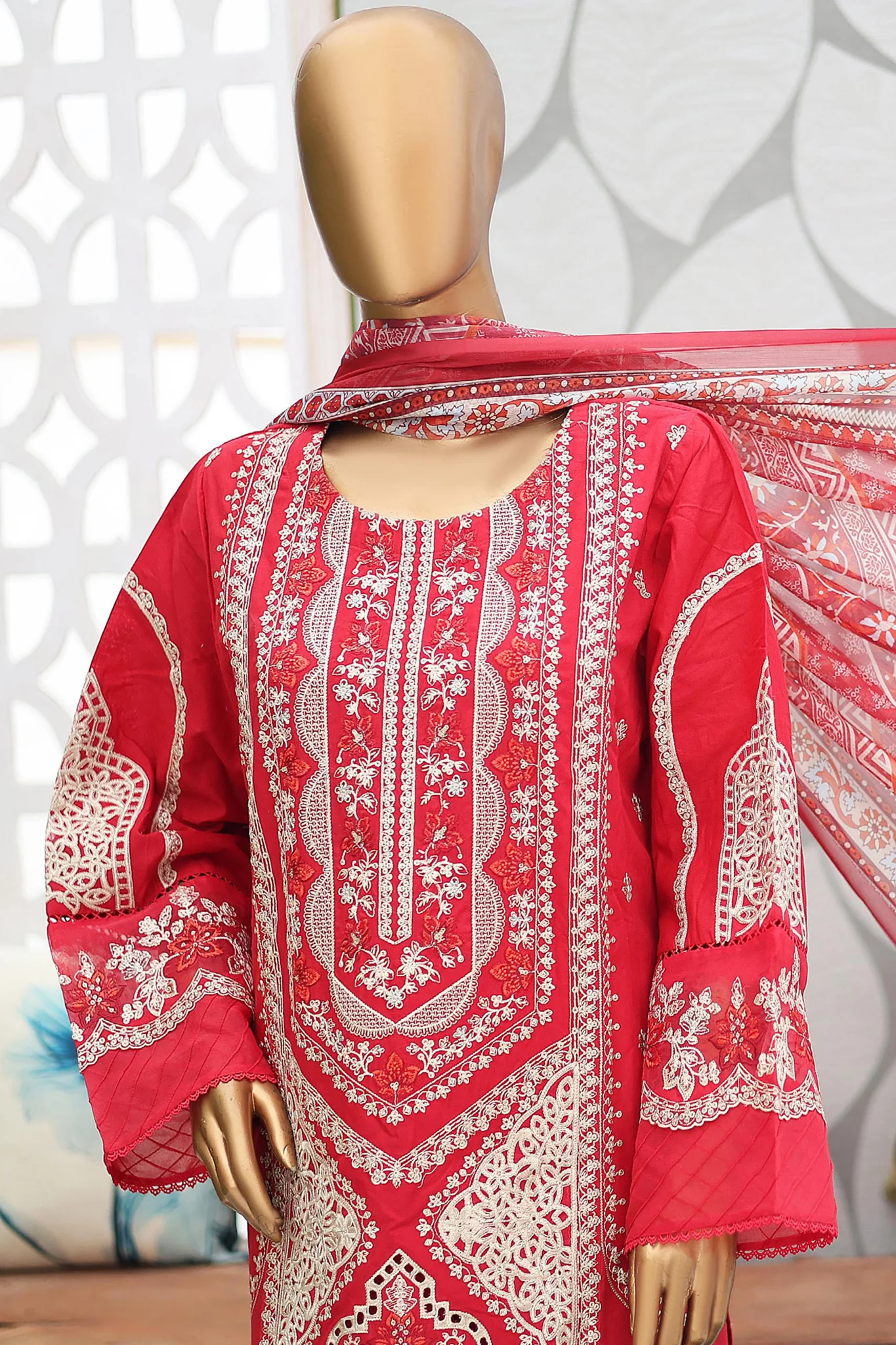 Bin Saeed Stitched 3 Piece Luxury Emb Cotton Suit-LF-956-Red - Image 2