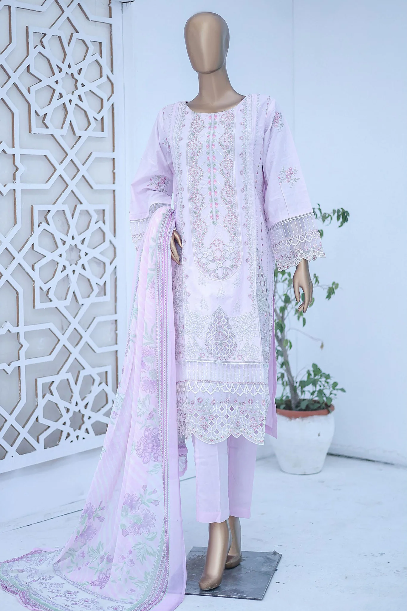 Bin Saeed Stitched 3 Piece Luxury Emb Cotton Suit-LF-960-Lilac