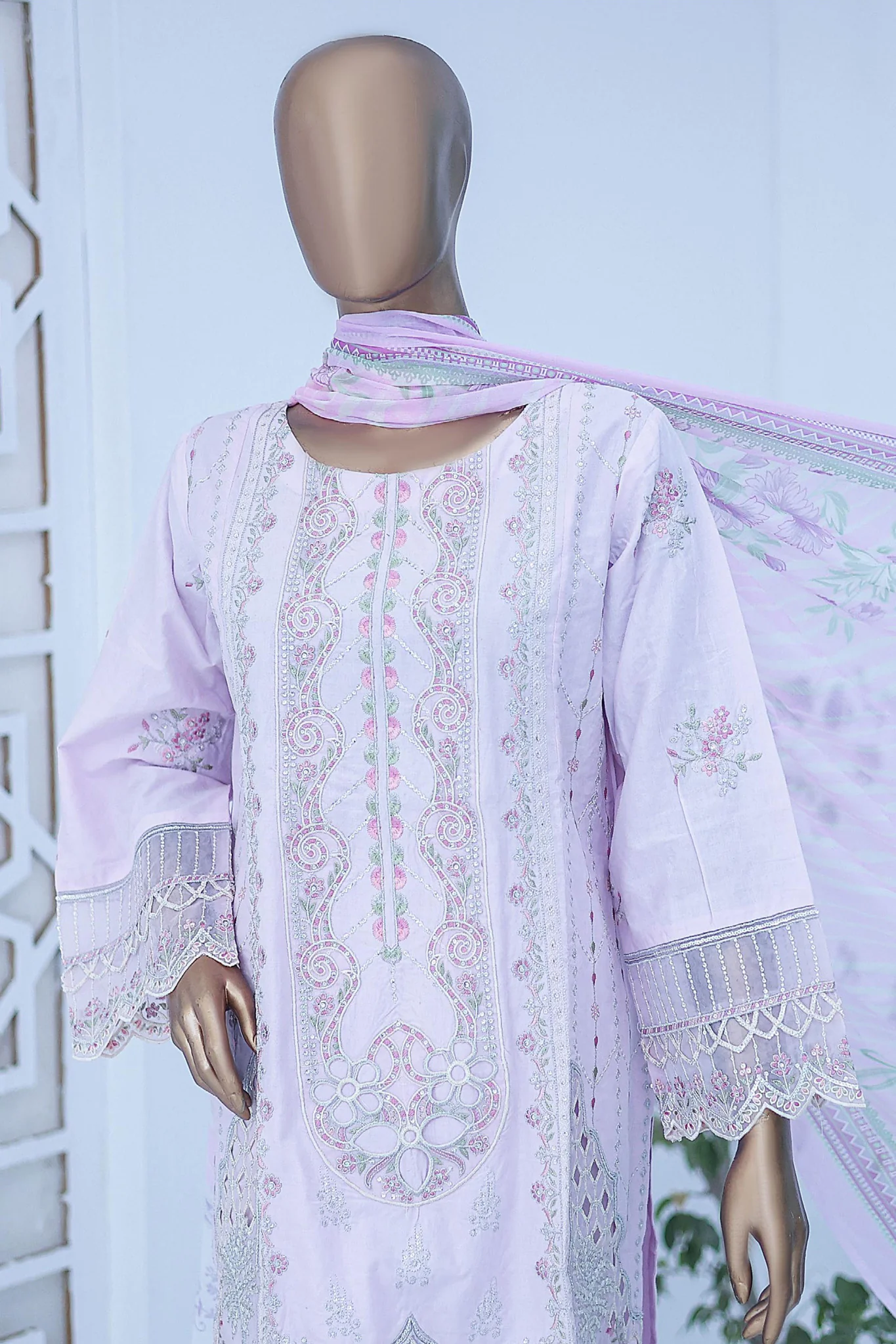 Bin Saeed Stitched 3 Piece Luxury Emb Cotton Suit-LF-960-Lilac - Image 2