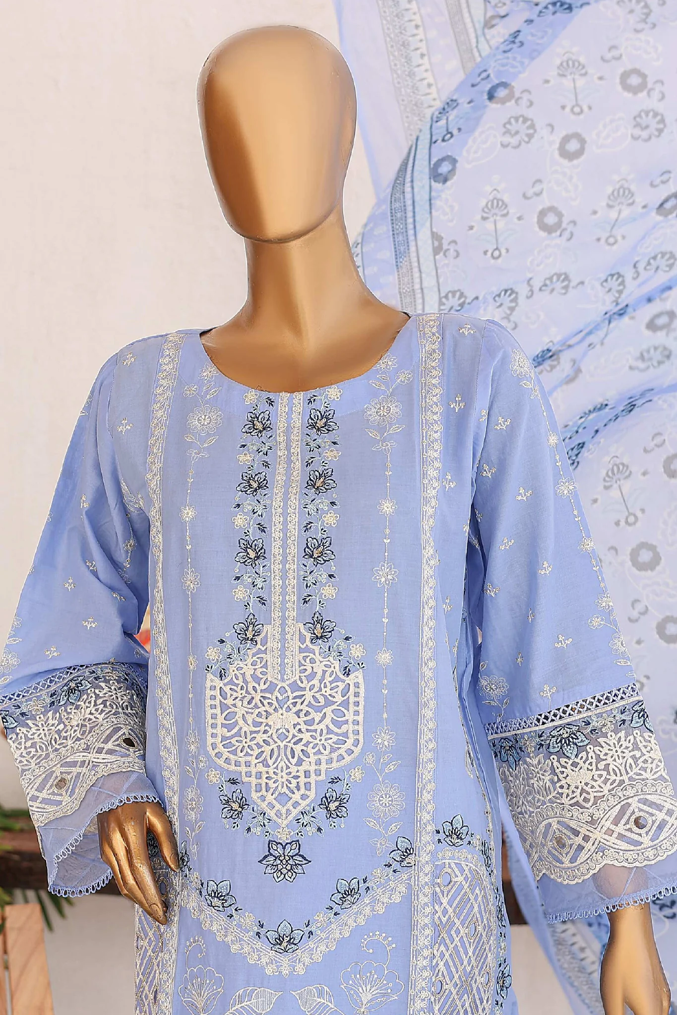 Bin Saeed Stitched 3 Piece Luxury Emb Lawn Vol-02 Suit-LF-968-Blue - Image 2