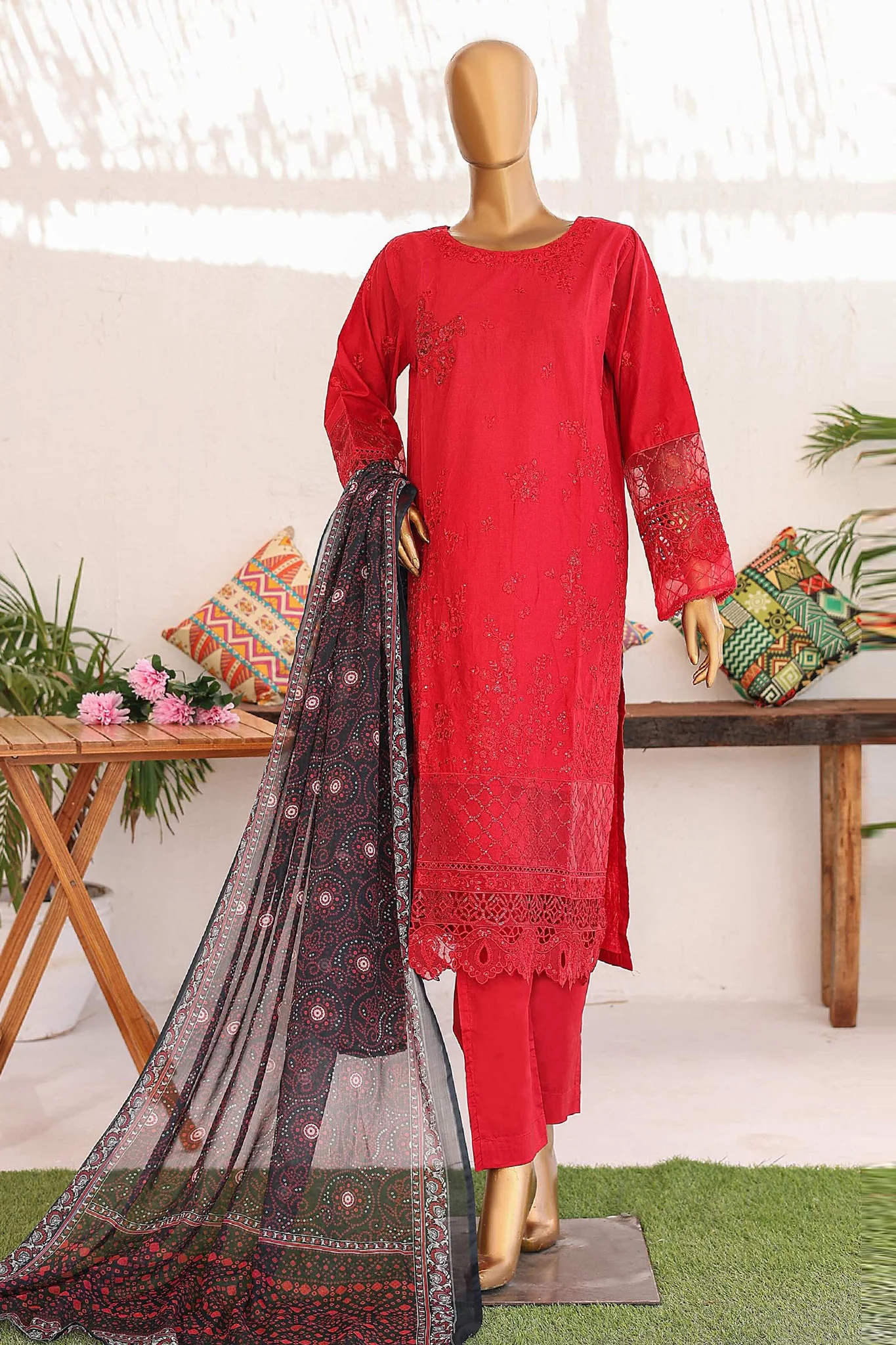 Bin Saeed Stitched 3 Piece Luxury Emb Lawn Vol-02 Suit-LF-972-Red
