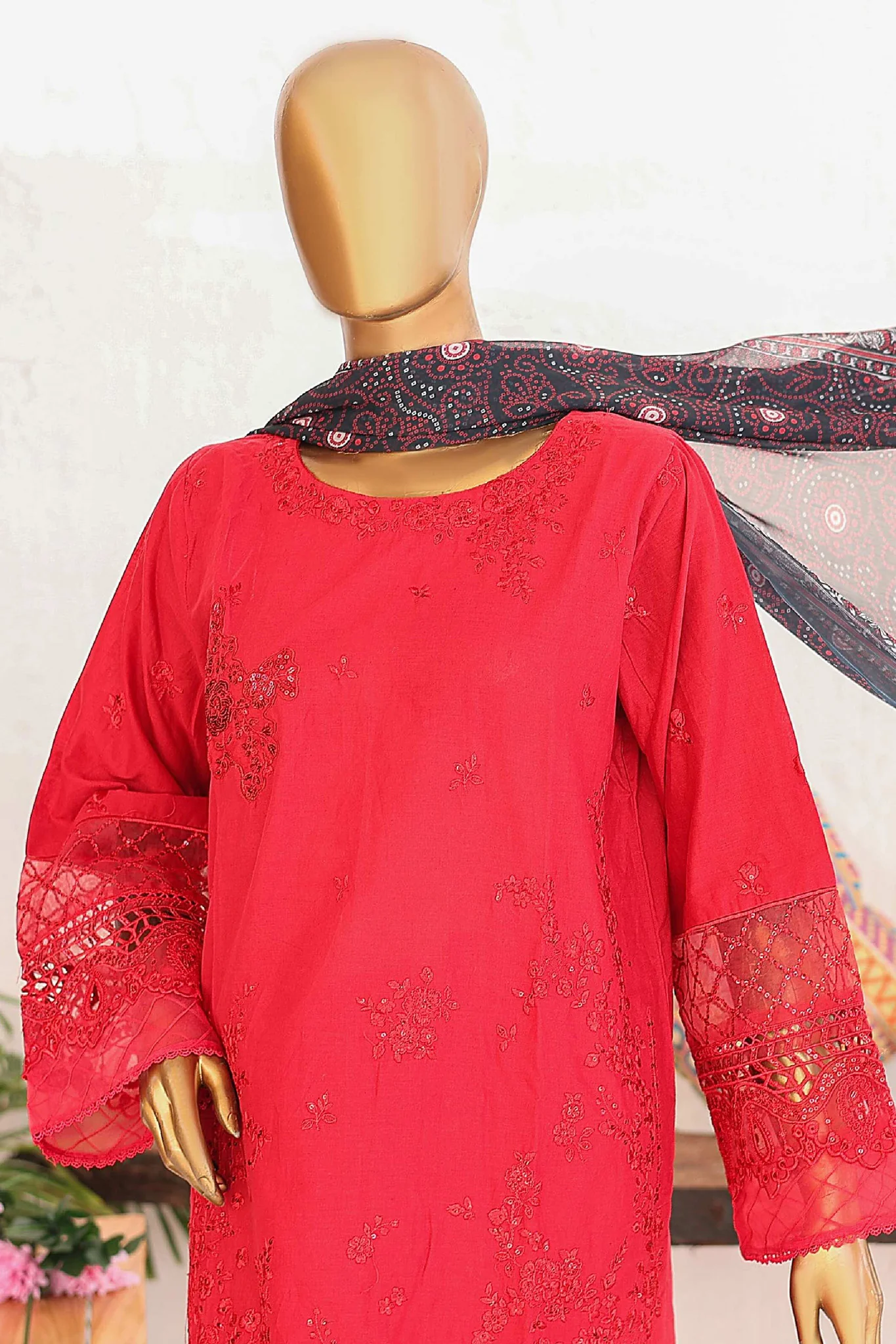 Bin Saeed Stitched 3 Piece Luxury Emb Lawn Vol-02 Suit-LF-972-Red - Image 2
