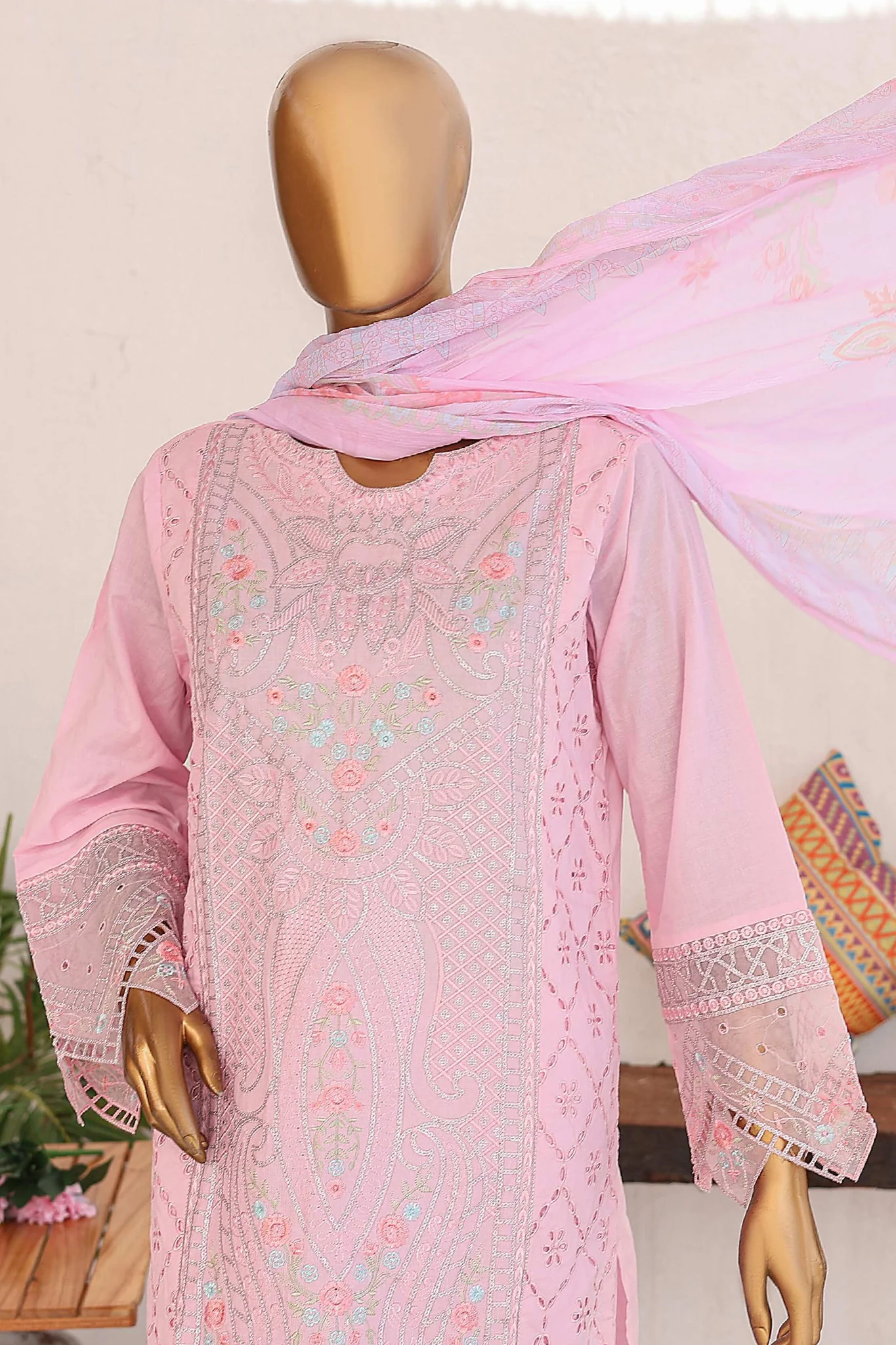 Bin Saeed Stitched 3 Piece Luxury Emb Lawn Vol-02 Suit-LF-977-Pink - Image 2
