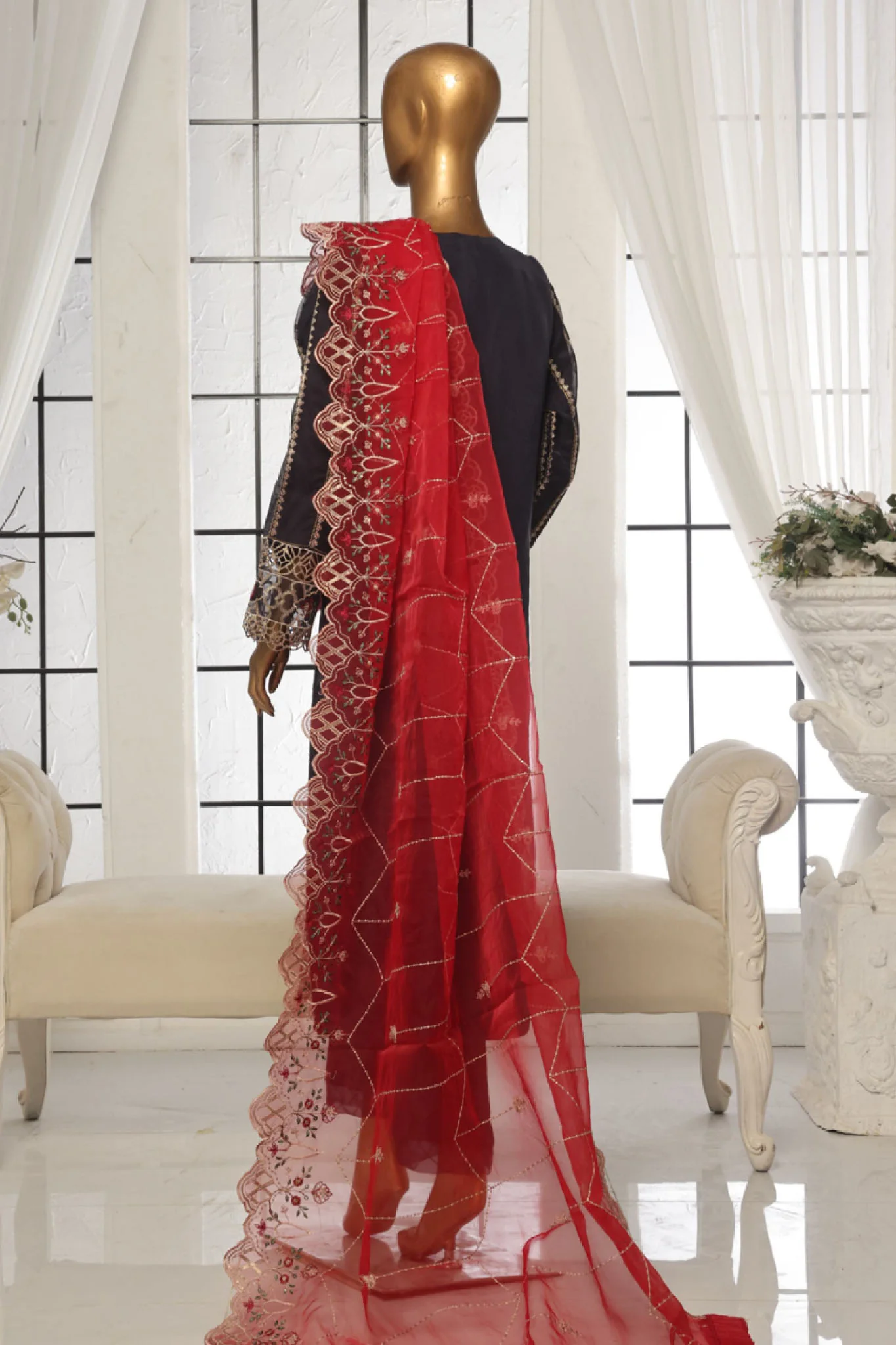 Bin Saeed Stitched 3 Piece Luxury Emb Organza Suit-OWS-1585-Navy Blue - Image 3