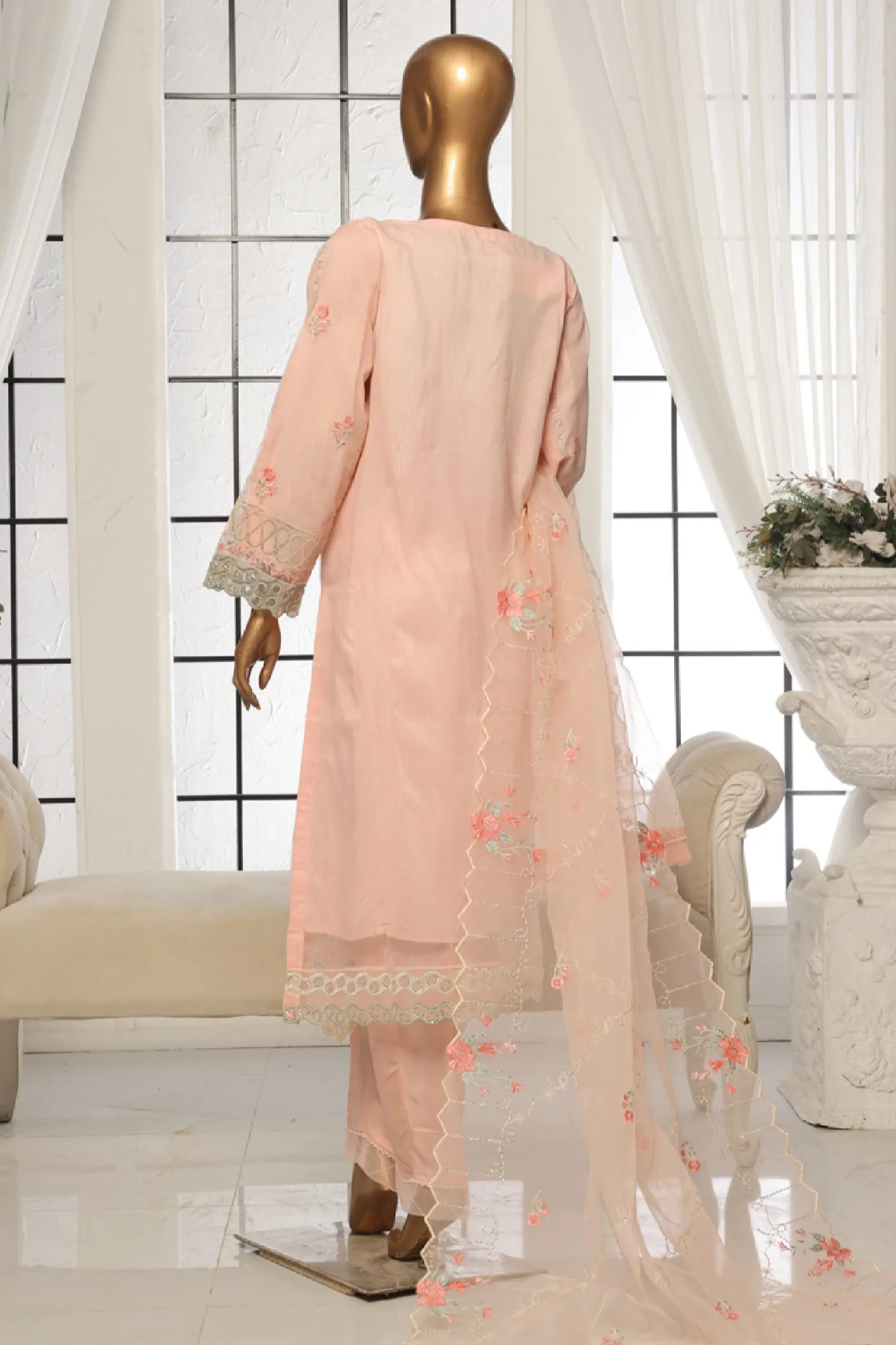 Bin Saeed Stitched 3 Piece Luxury Emb Organza Suit-OWS-1586-Peach - Image 3
