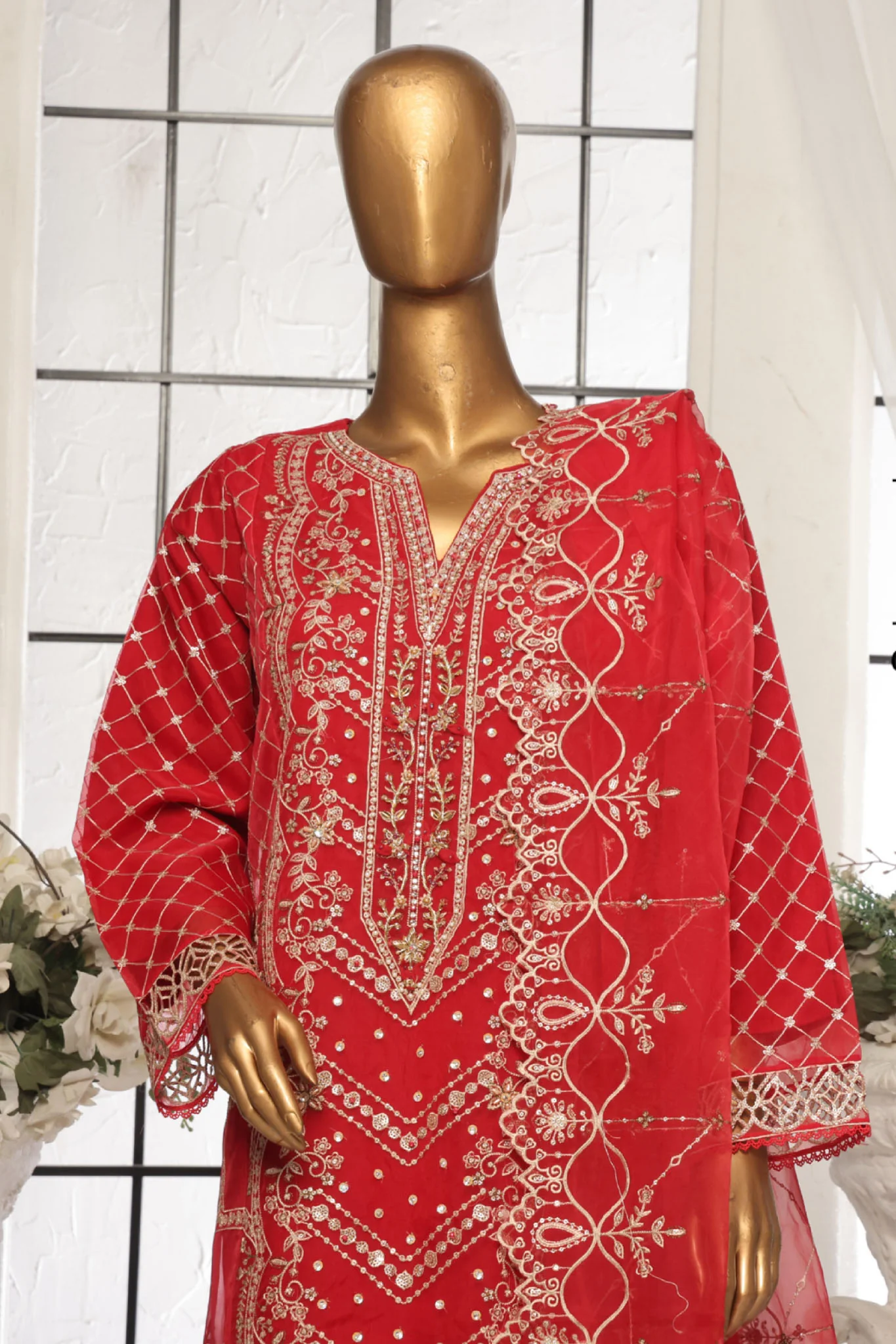 Bin Saeed Stitched 3 Piece Luxury Emb Organza Suit-OWS-1588-Red - Image 2