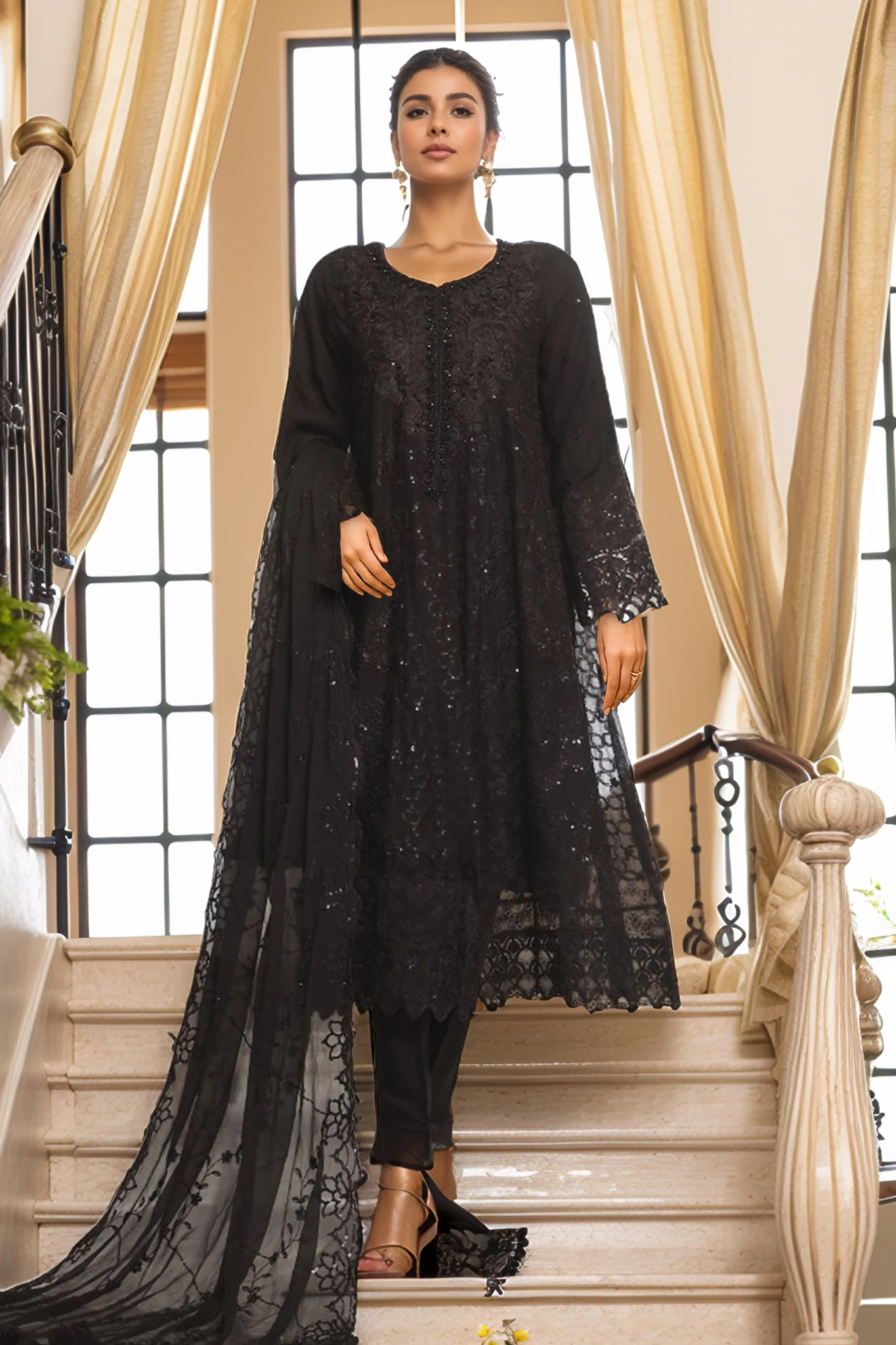 Bin Saeed Stitched 3 Piece Luxury Emb Organza Frock Suit-OWS-1834-Black