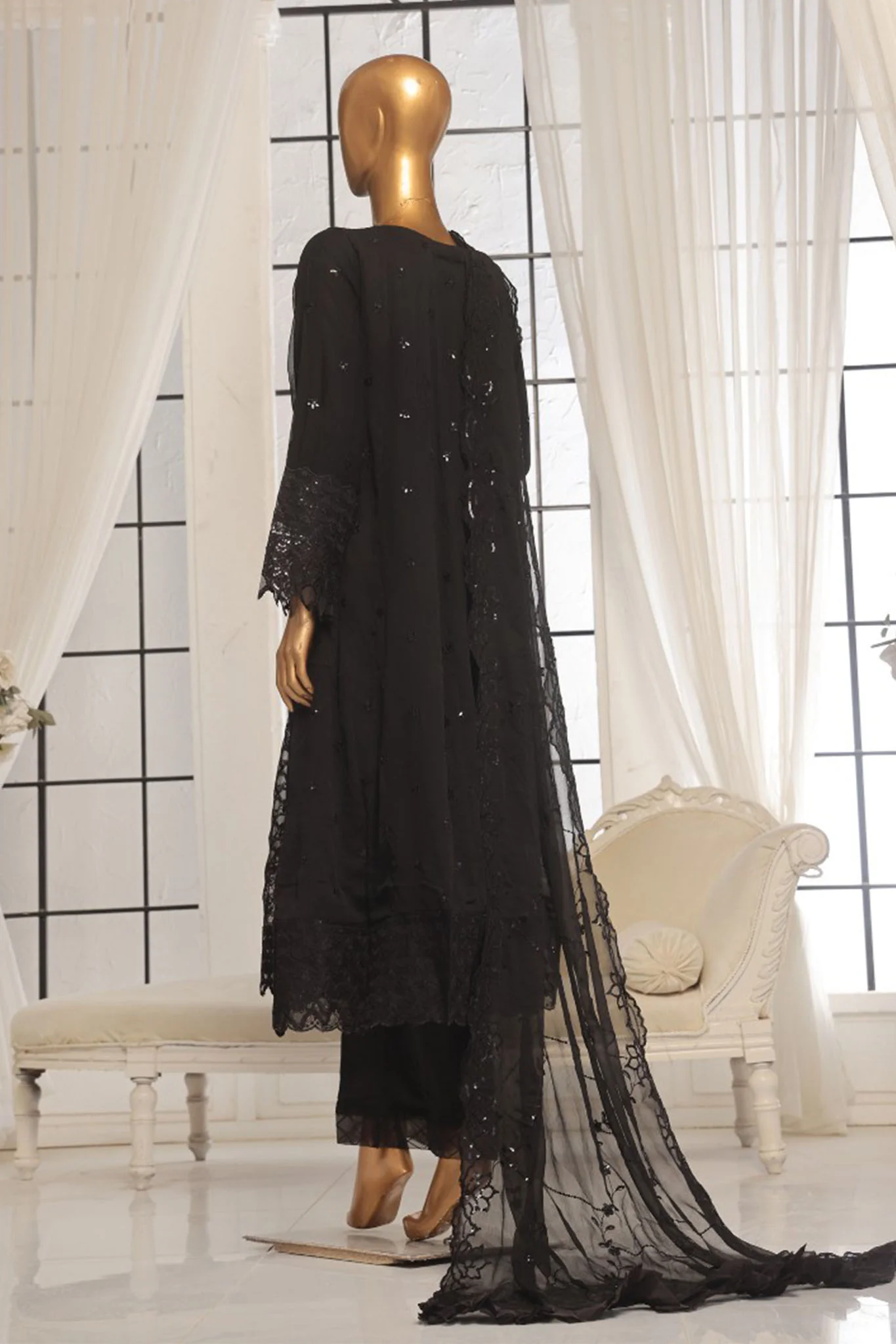 Bin Saeed Stitched 3 Piece Luxury Emb Organza Frock Suit-OWS-1834-Black - Image 3