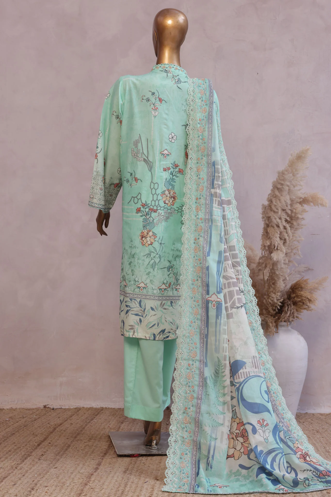 Bin Saeed Stitched 3 Piece Luxury Emb with Emb Dupatta Suit-SM-1994-Mint - Image 3