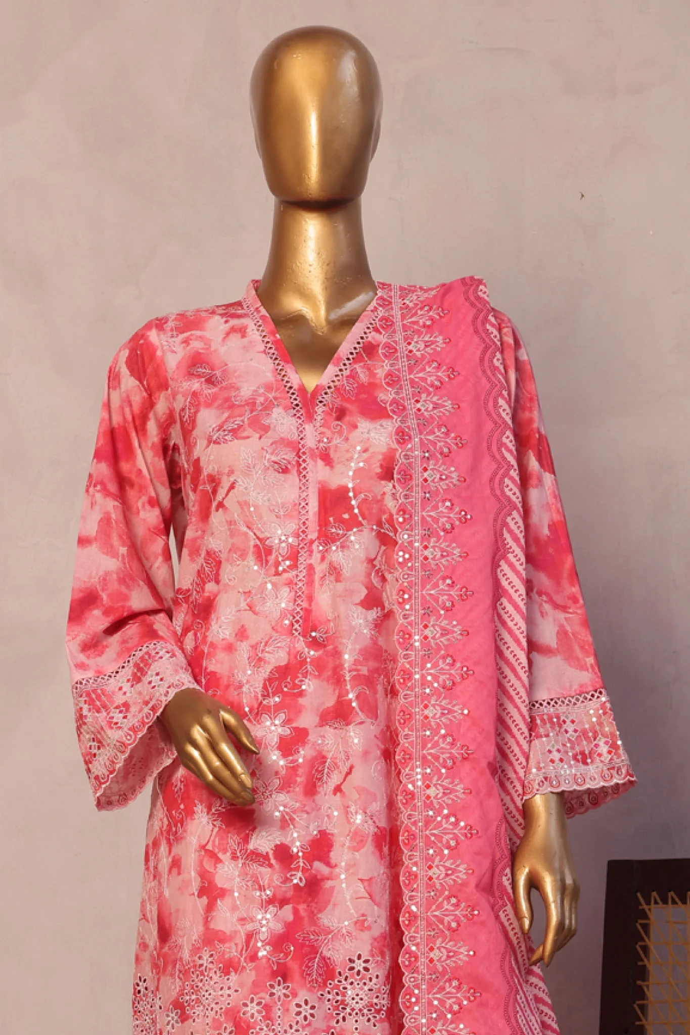 Bin Saeed Stitched 3 Piece Luxury Emb with Emb Dupatta Suit-SM-1999-Pink - Image 2