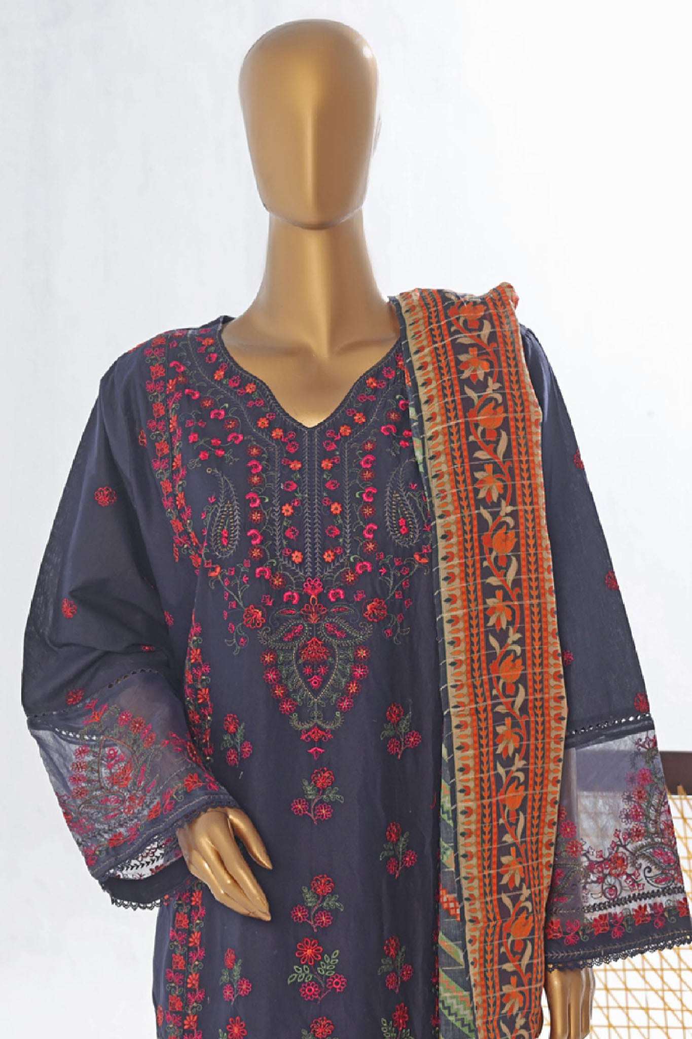 Bin Saeed Stitched 3 Piece Luxury Plain Cotton Collection-LF-1495-Navy Blue - Image 2
