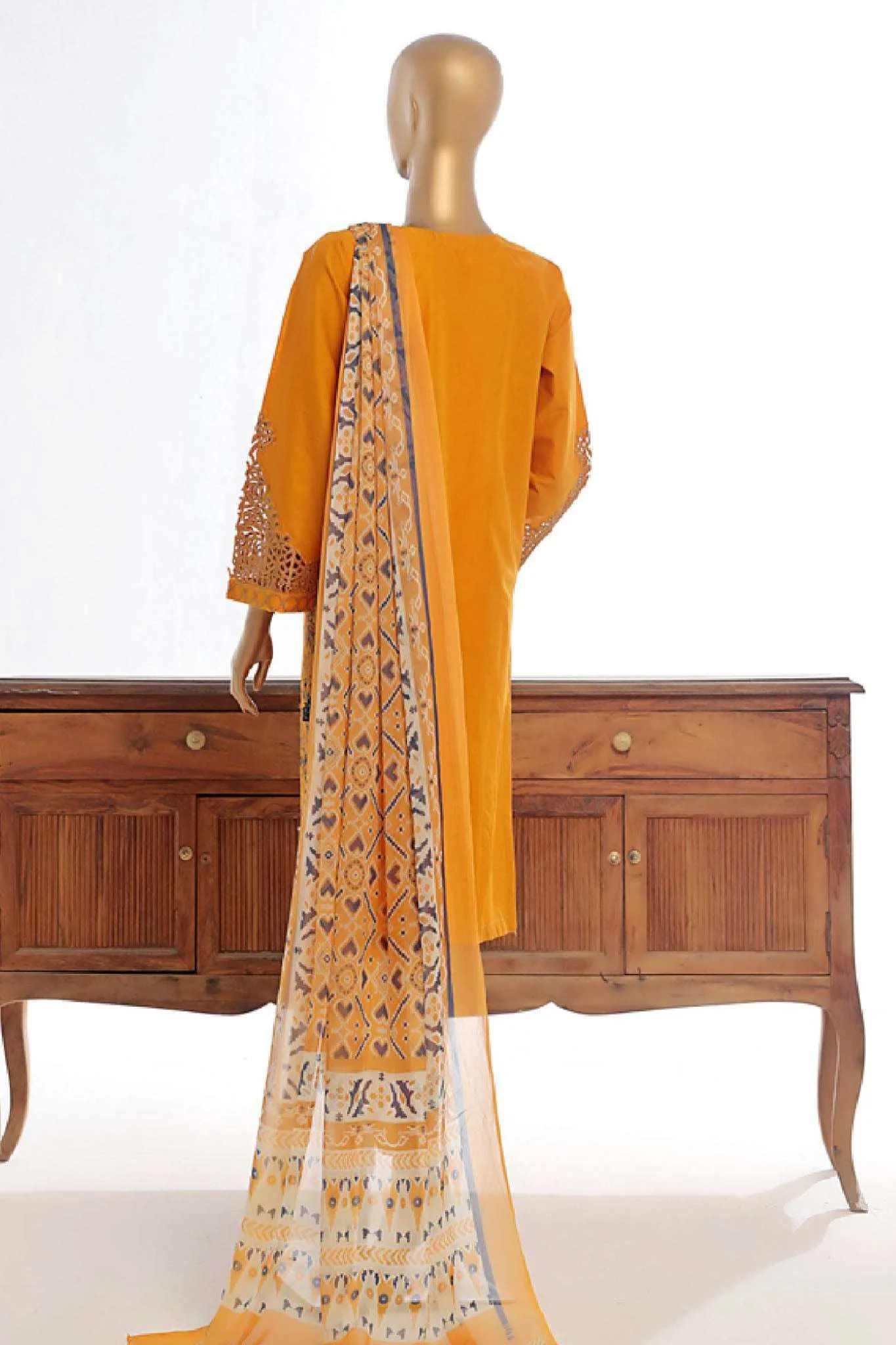 Bin Saeed Stitched 3 Piece Luxury Plain Cotton Collection-LF-1491-Mustard - Image 3